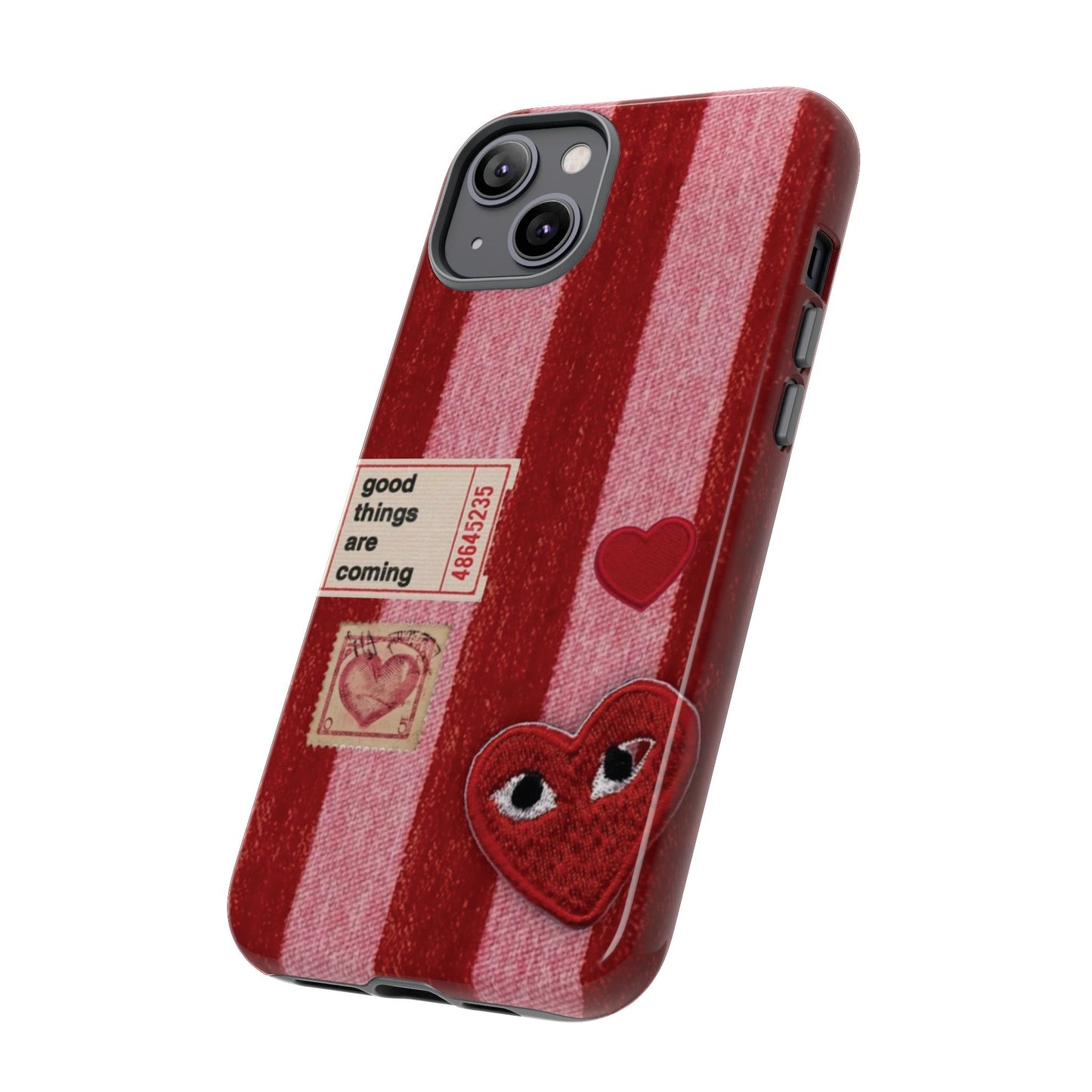 Phone Case — Red Striped Heart Design with “Good Things Are Coming”