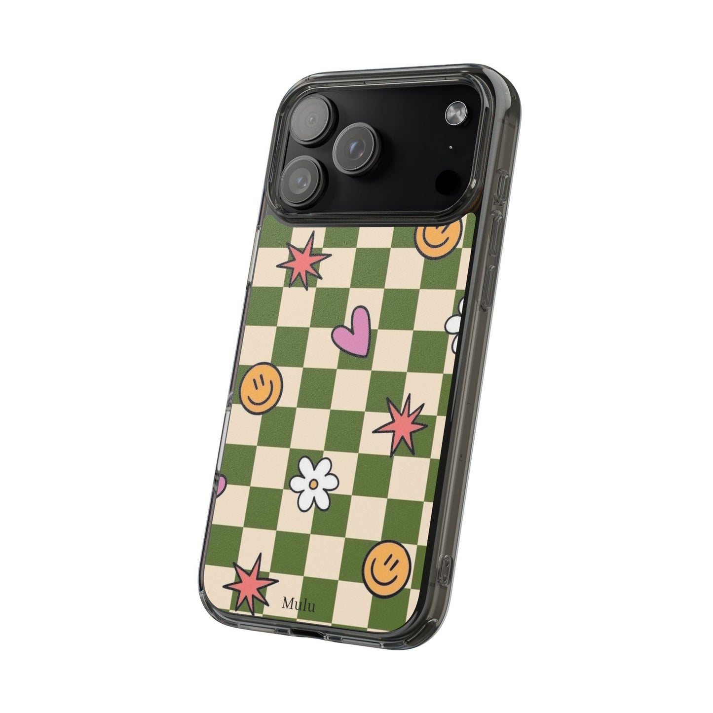 Clear Impact-Resistant Case — Retro Green Checkerboard with Smiley, Hearts & Flowers