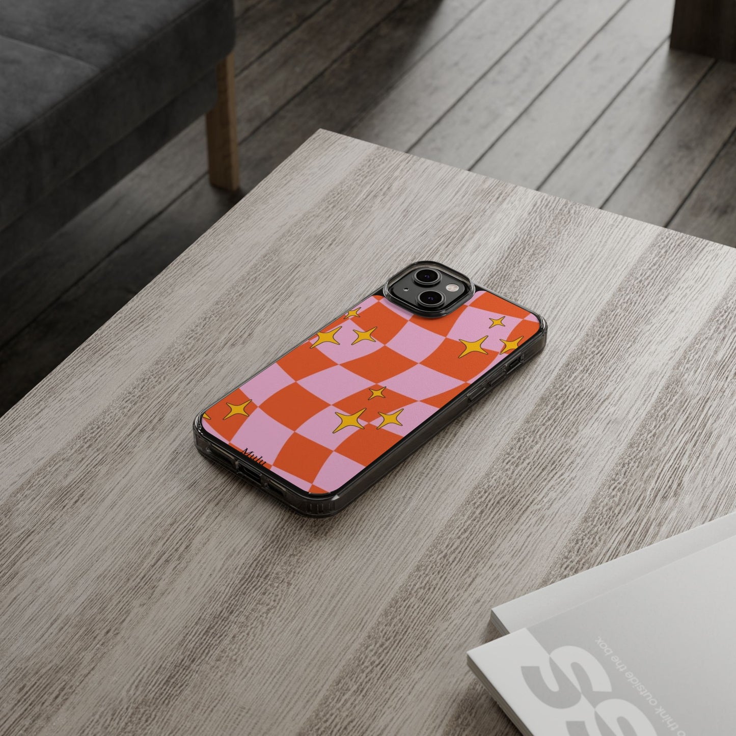 Clear Impact-Resistant Case — Retro Pink & Orange Checker with Sparkle Stars