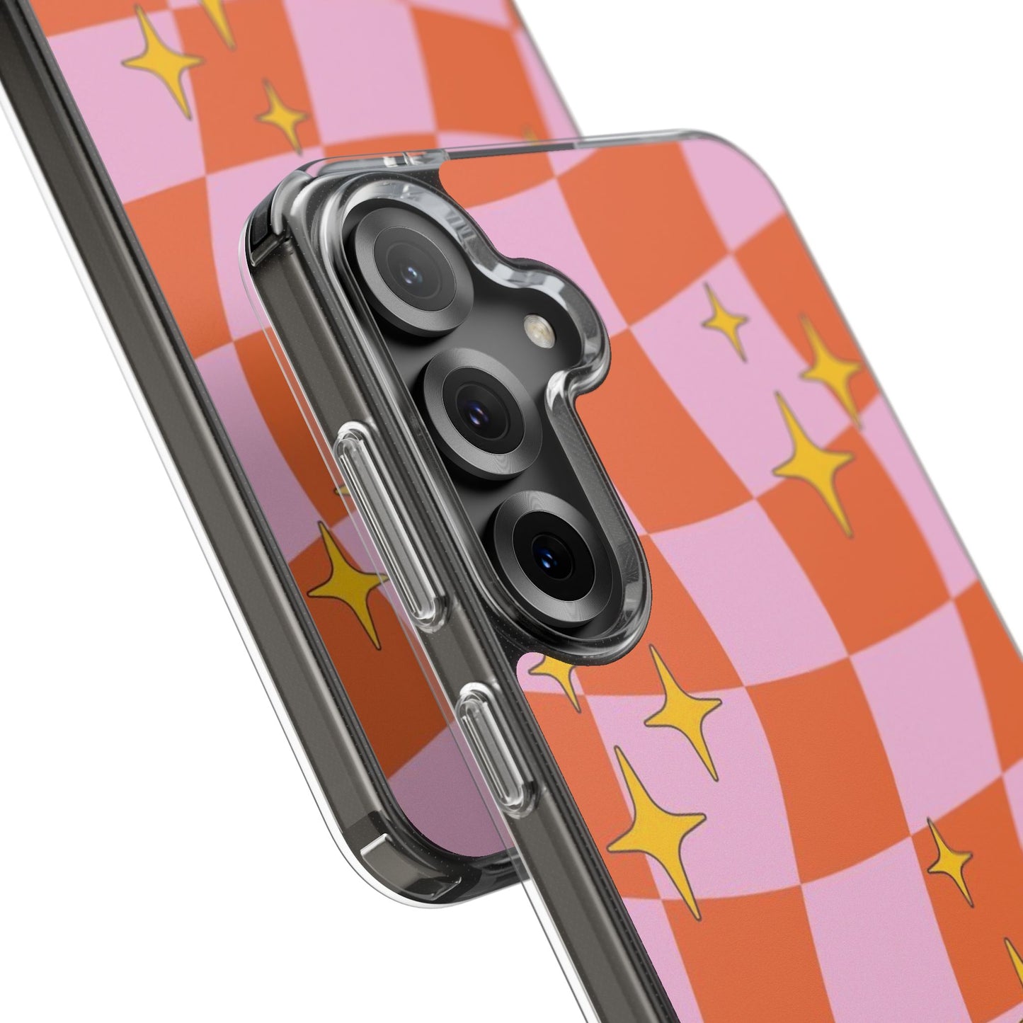 Clear Impact-Resistant Case — Retro Pink & Orange Checker with Sparkle Stars