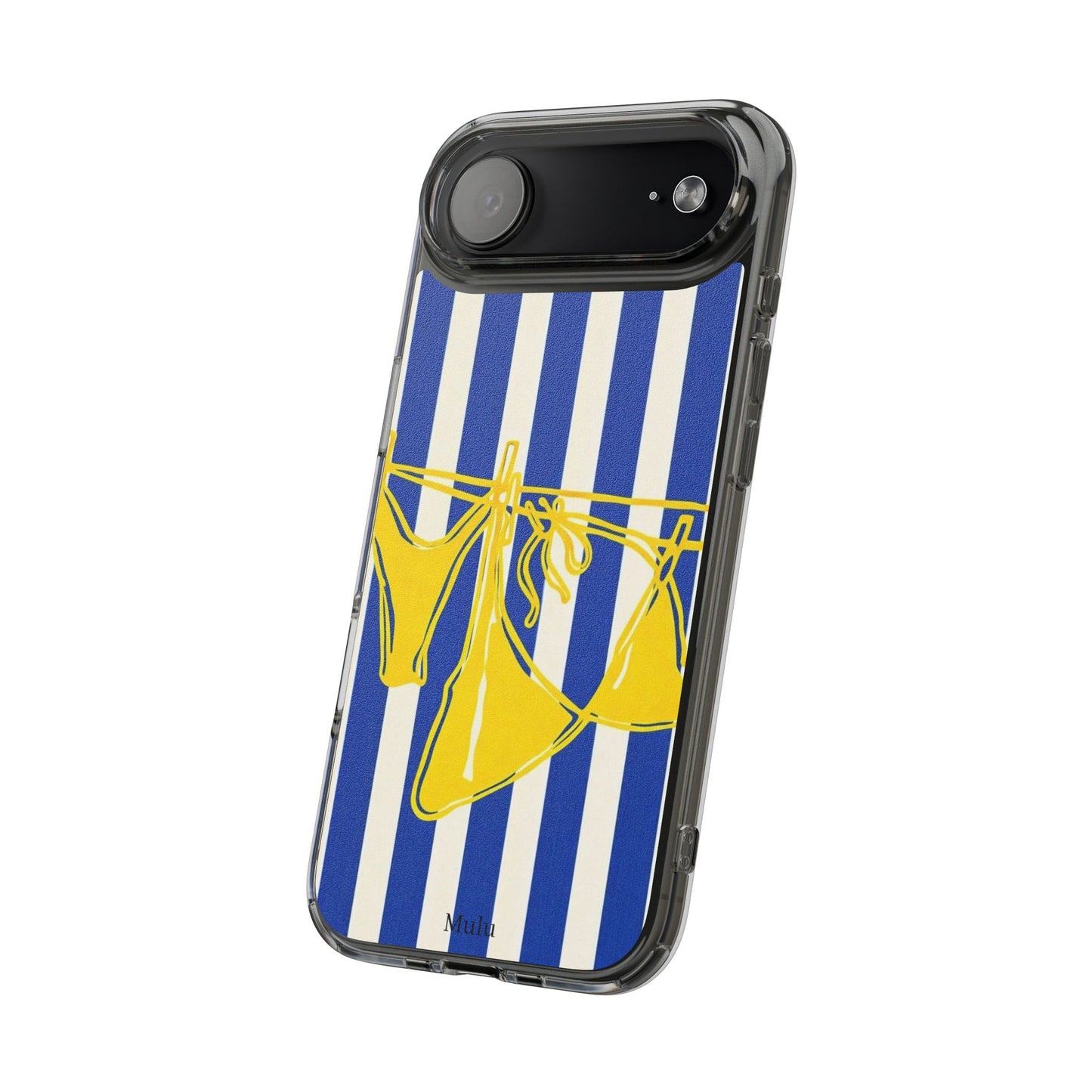 Striped Beach Bikini Phone Case — Yellow Swimwear on Blue & White Stripes, Clear Impact-Resistant