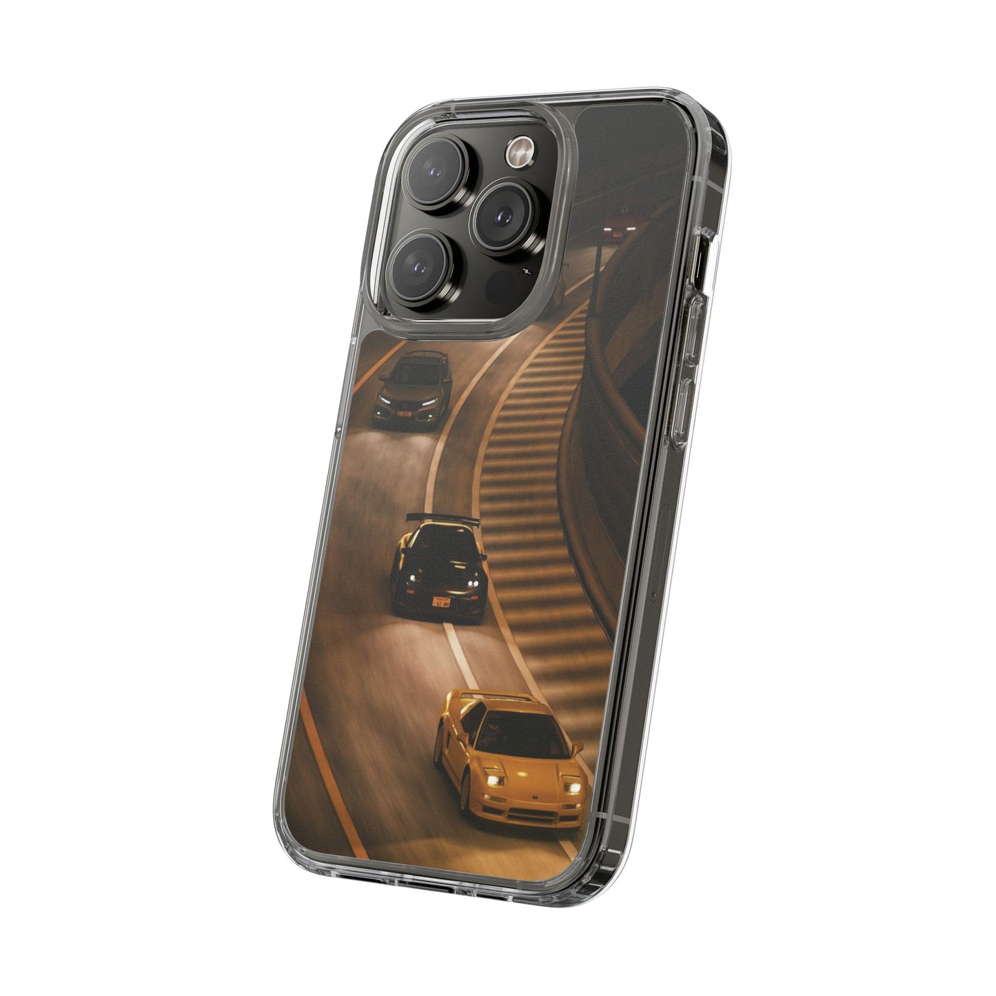 Racing Night Clear Phone Case – Sports Cars on Curved Highway