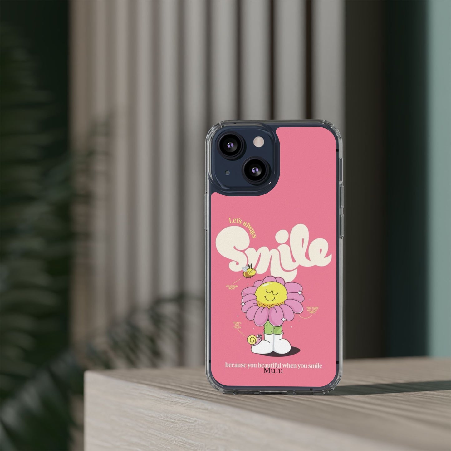 Clear Impact-Resistant Phone Case — Pink 'Smile' Flower Design