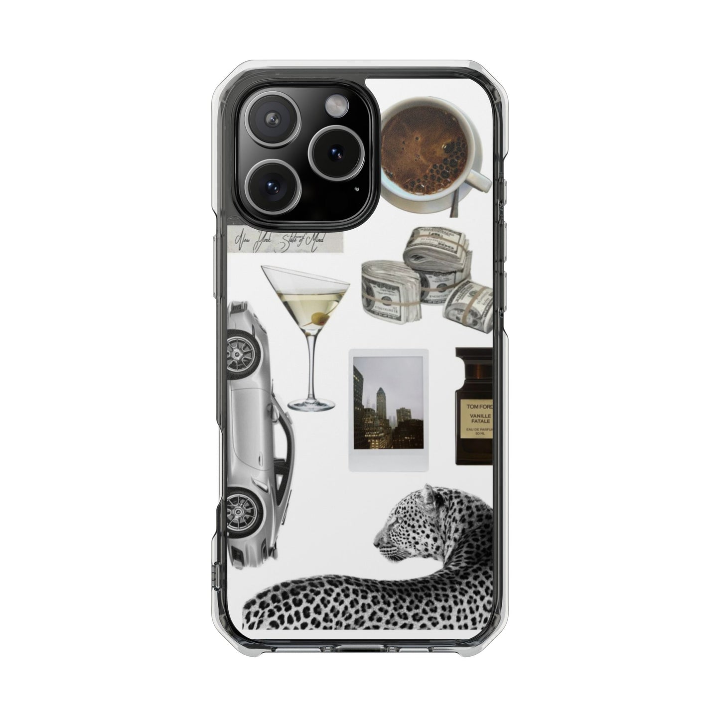 Clear Impact Phone Case — Luxe Collage (Leopard, Martini, Coffee & Vintage Car)