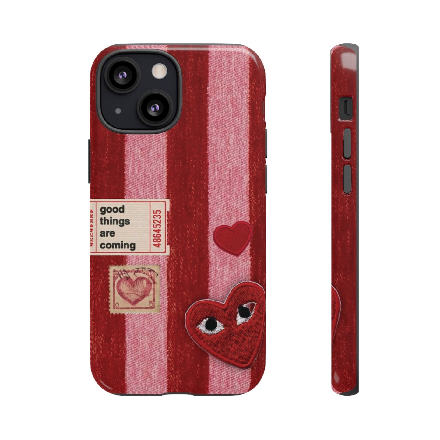 Phone Case — Red Striped Heart Design with “Good Things Are Coming”