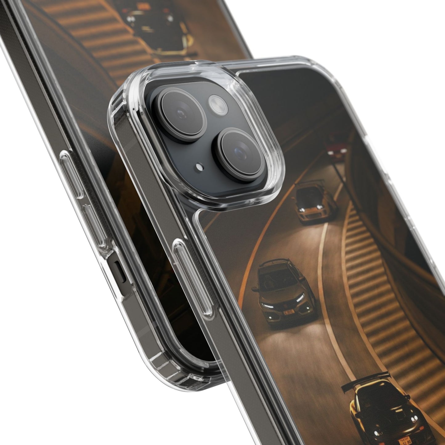 Racing Night Clear Phone Case – Sports Cars on Curved Highway