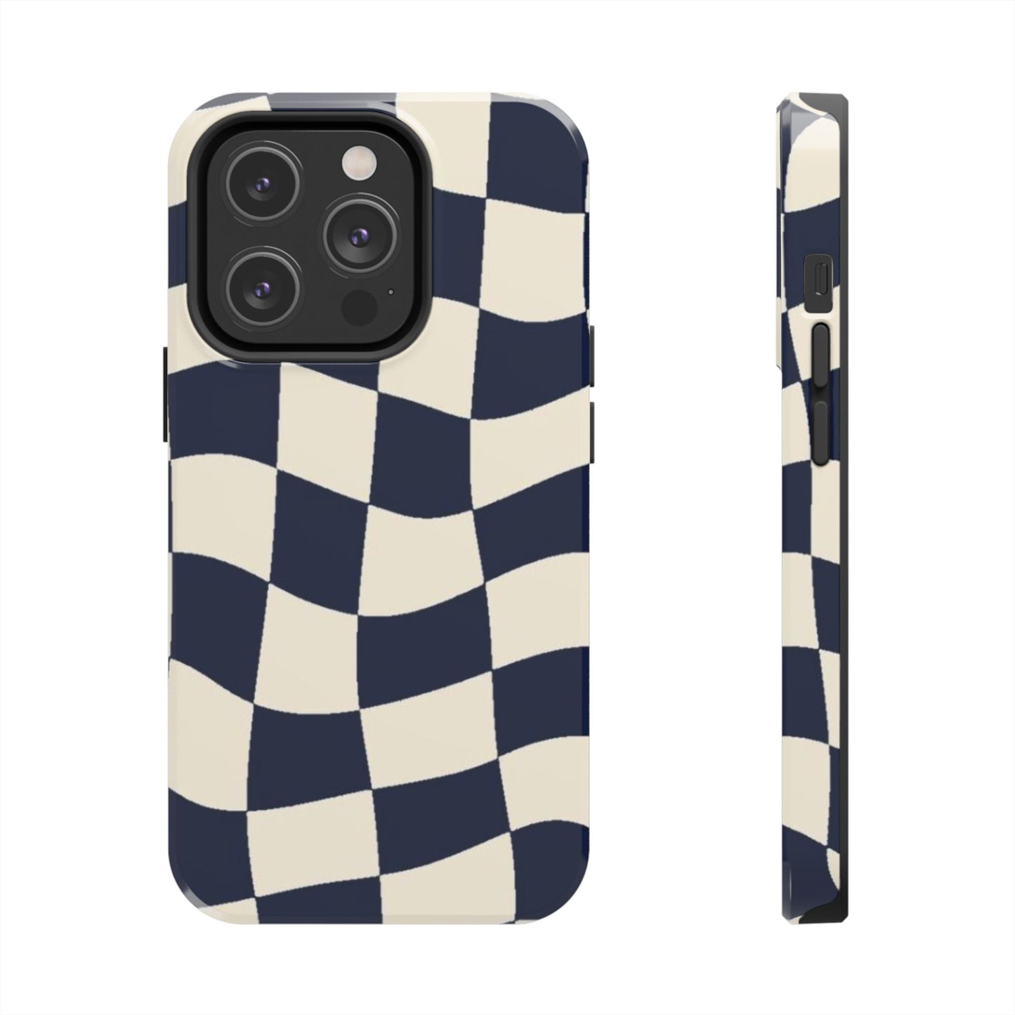 Wavy Checkerboard Tough Phone Case — Navy & Cream Protective Cover