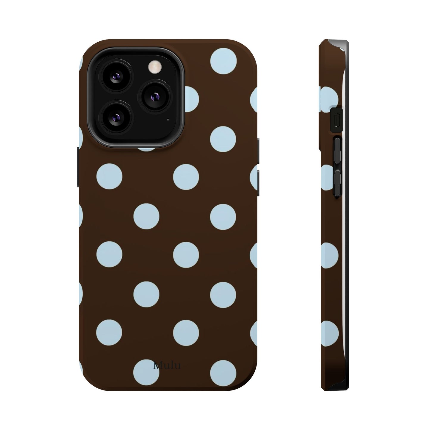 Polka Dot Magnetic Phone Case — Brown with Light Blue Dots, Impact-Resistant