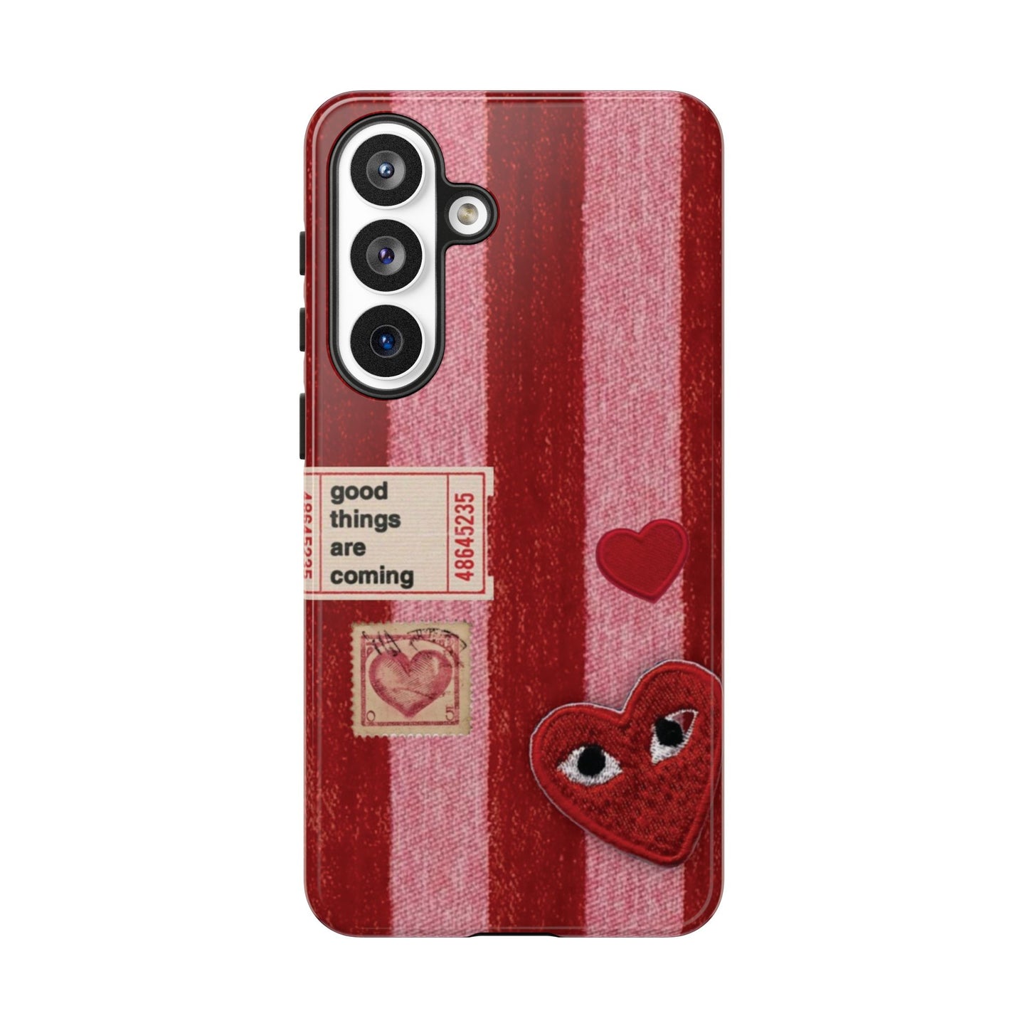 Phone Case — Red Striped Heart Design with “Good Things Are Coming”