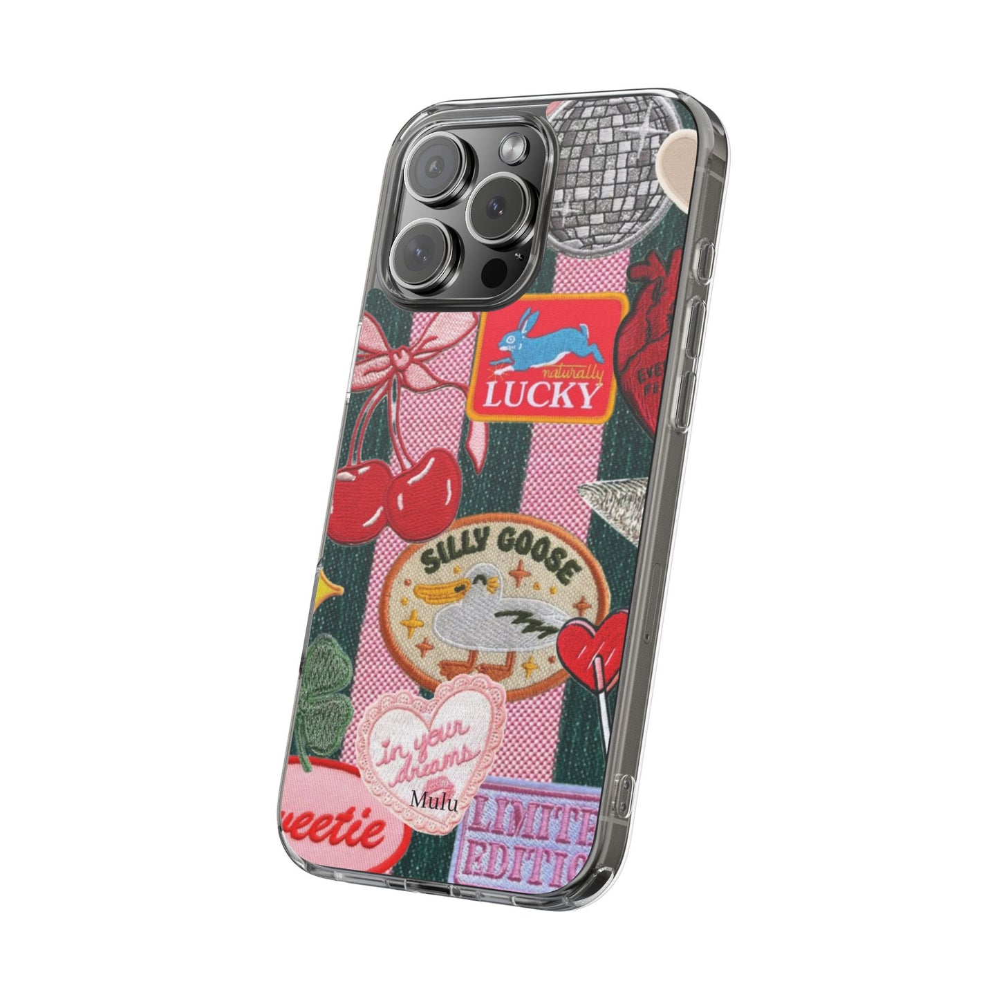 Clear Impact-Resistant Phone Case — Retro Patchwork Stickers (Lucky, Cherries, Silly Goose)
