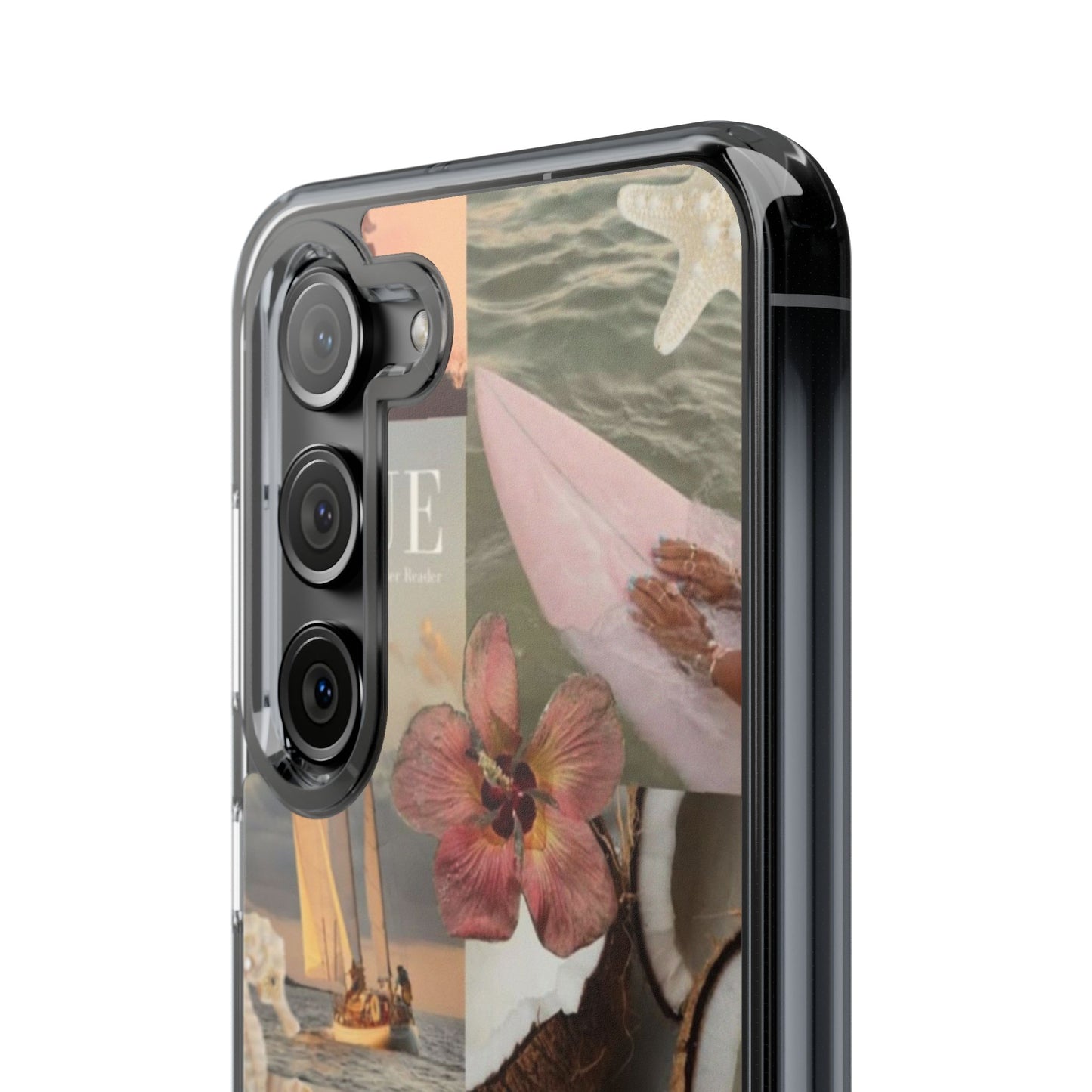 Clear Phone Case — Coastal Collage Shells & Surf Design