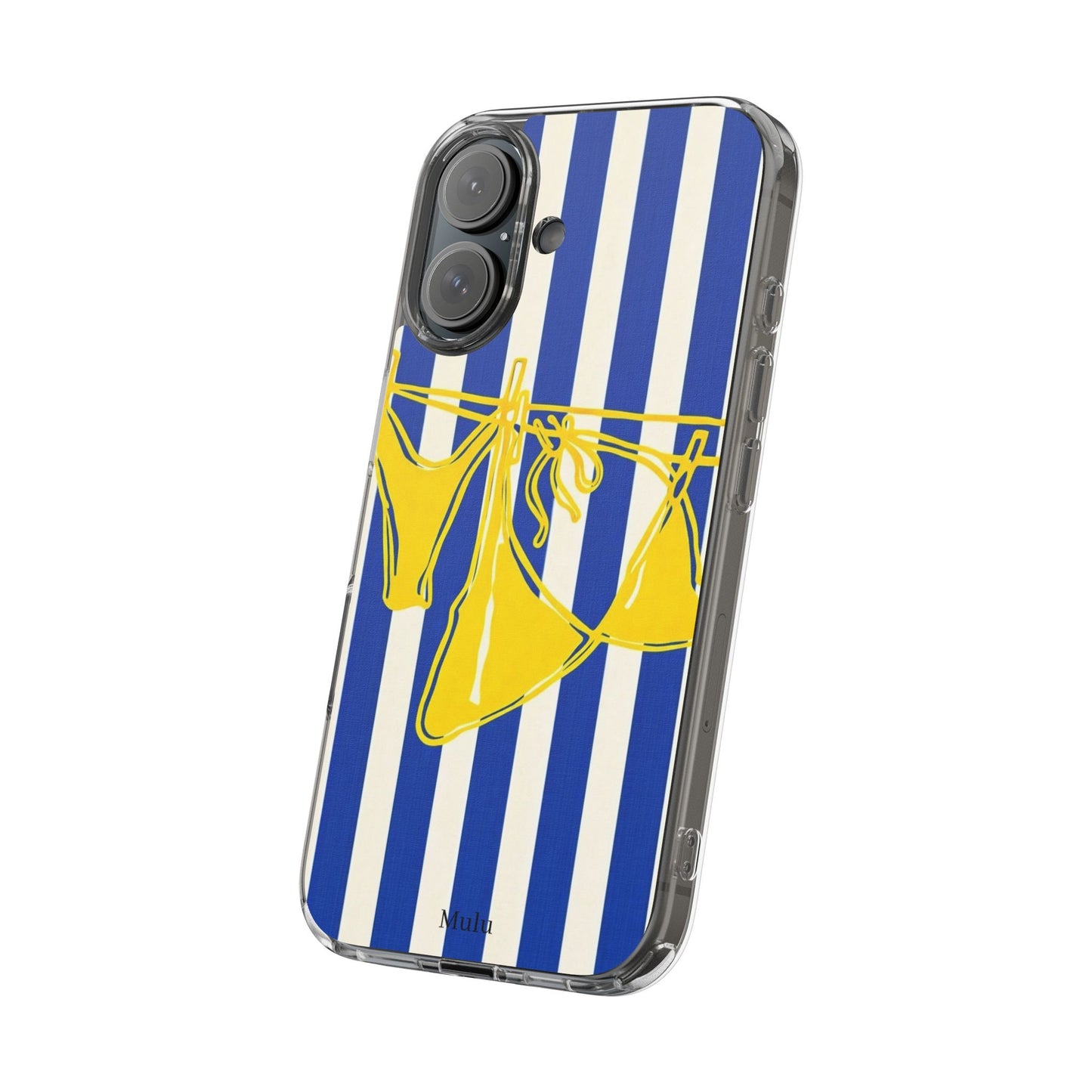 Striped Beach Bikini Phone Case — Yellow Swimwear on Blue & White Stripes, Clear Impact-Resistant