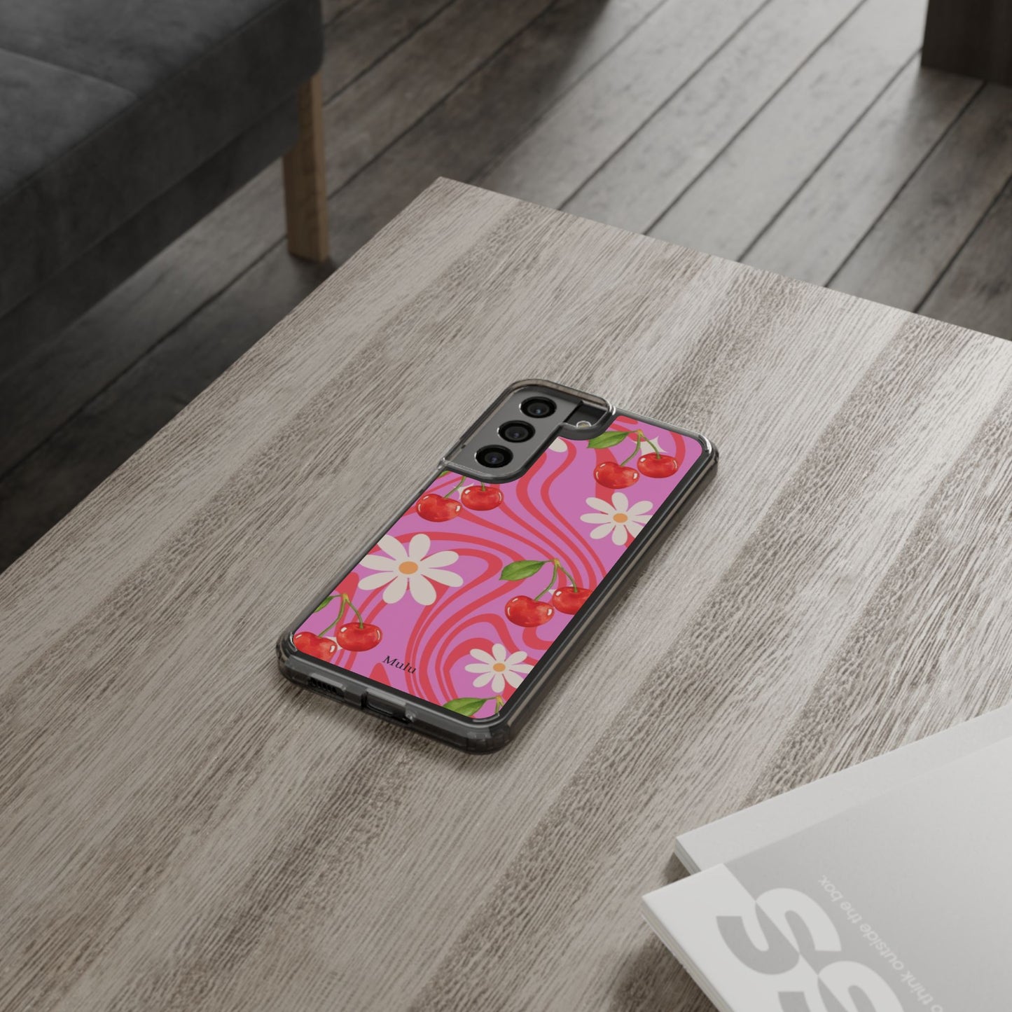Clear Impact Phone Case — Retro Cherry & Daisy Floral Design