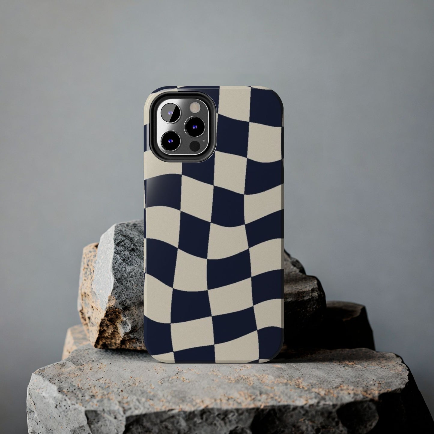 Wavy Checkerboard Tough Phone Case — Navy & Cream Protective Cover