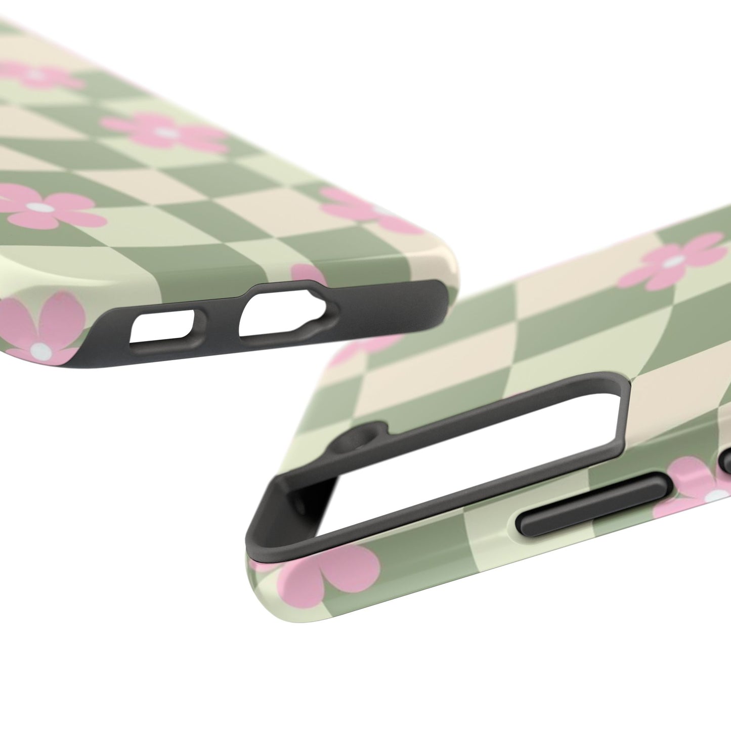 Tough Phone Case — Retro Green Checkerboard with Pink Flowers