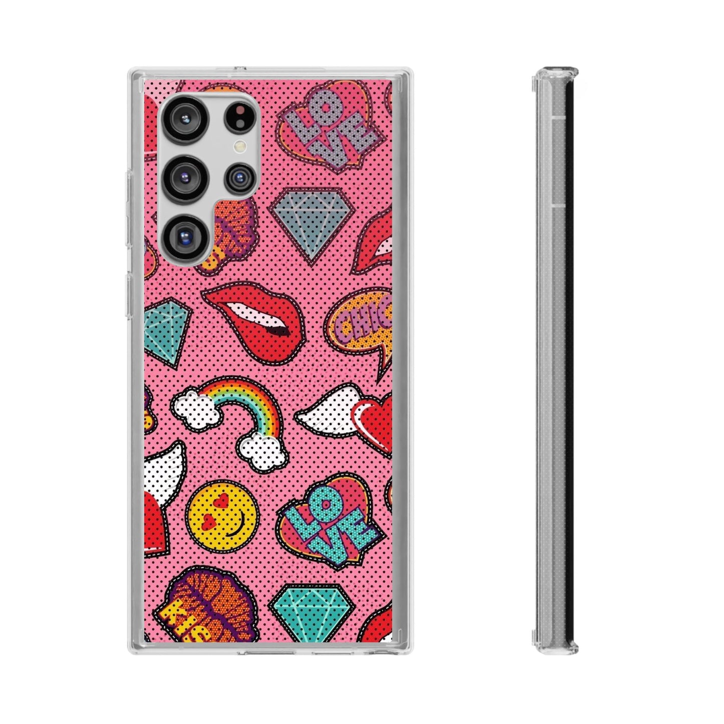 Clear Impact-Resistant Phone Case — Pink Pop Sticker Pattern (Hearts, Rainbows, Smileys)