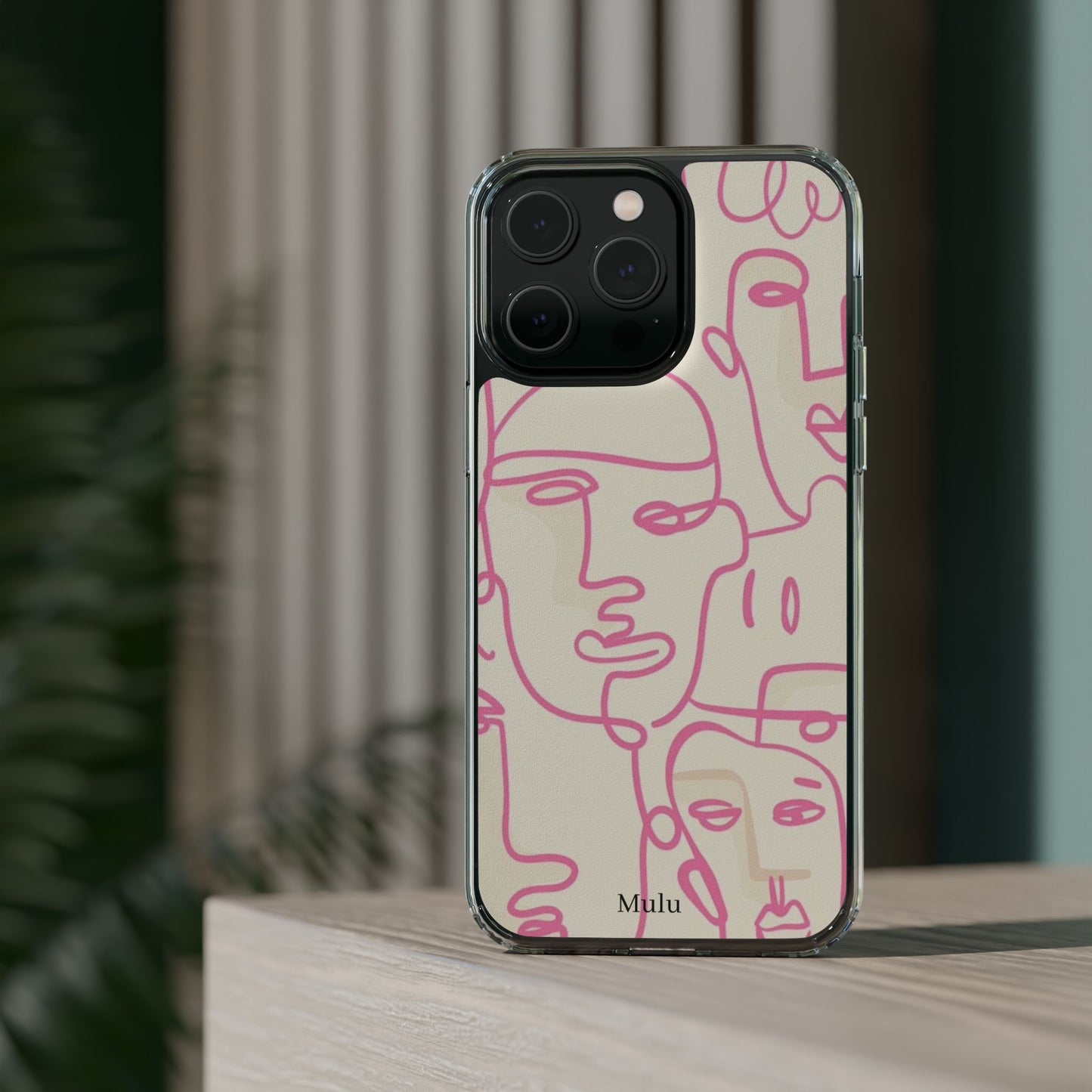 Clear Impact-Resistant Phone Case — Pink Minimalist Line Faces Design