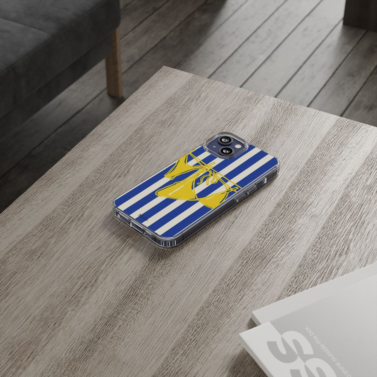Striped Beach Bikini Phone Case — Yellow Swimwear on Blue & White Stripes, Clear Impact-Resistant