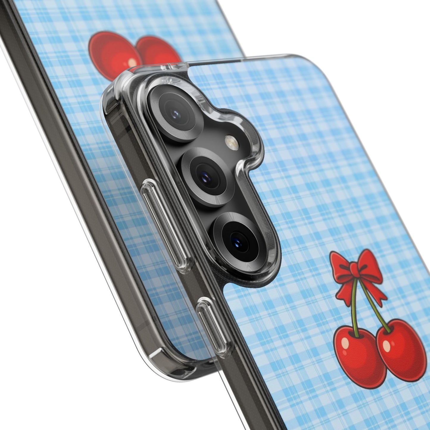 Clear Cherry Gingham Phone Case — Impact-Resistant Clear Case with Red Cherry Design