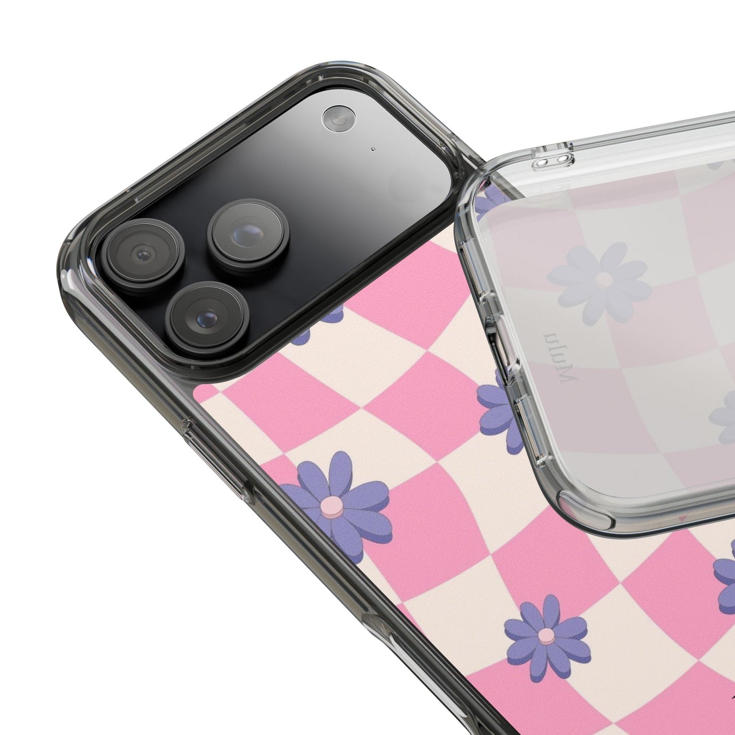 Clear Impact Phone Case — Pink Checkerboard with Purple Flowers