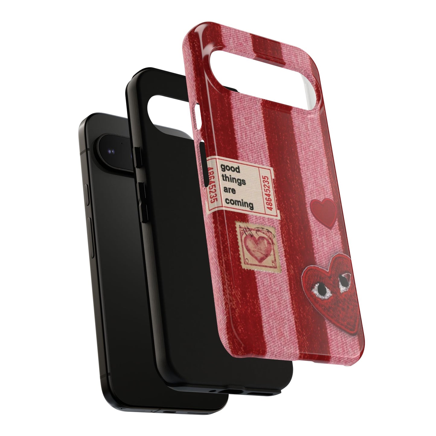 Phone Case — Red Striped Heart Design with “Good Things Are Coming”