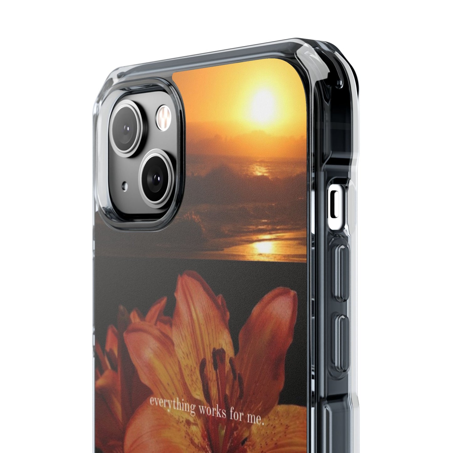 Clear Magnetic Phone Case — Sunset Lily Design ("anything waits for you")