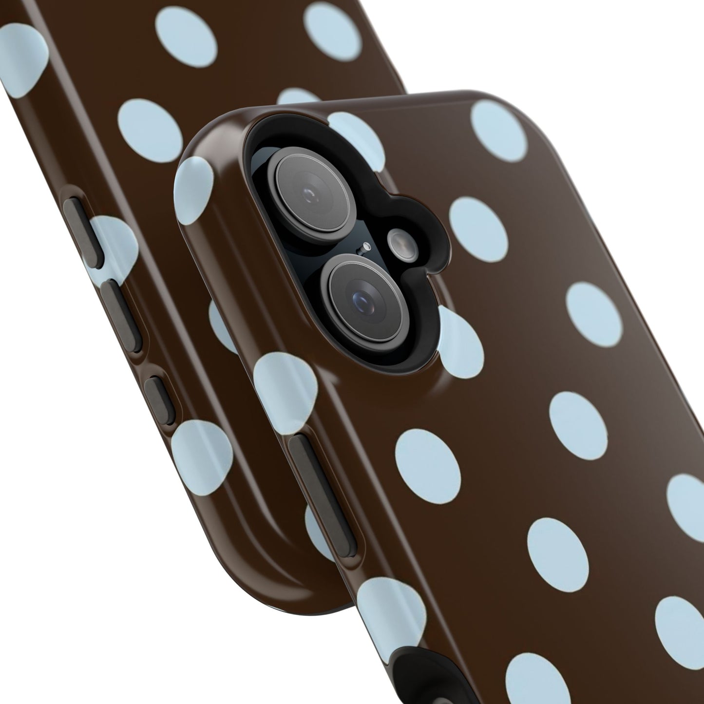 Polka Dot Magnetic Phone Case — Brown with Light Blue Dots, Impact-Resistant