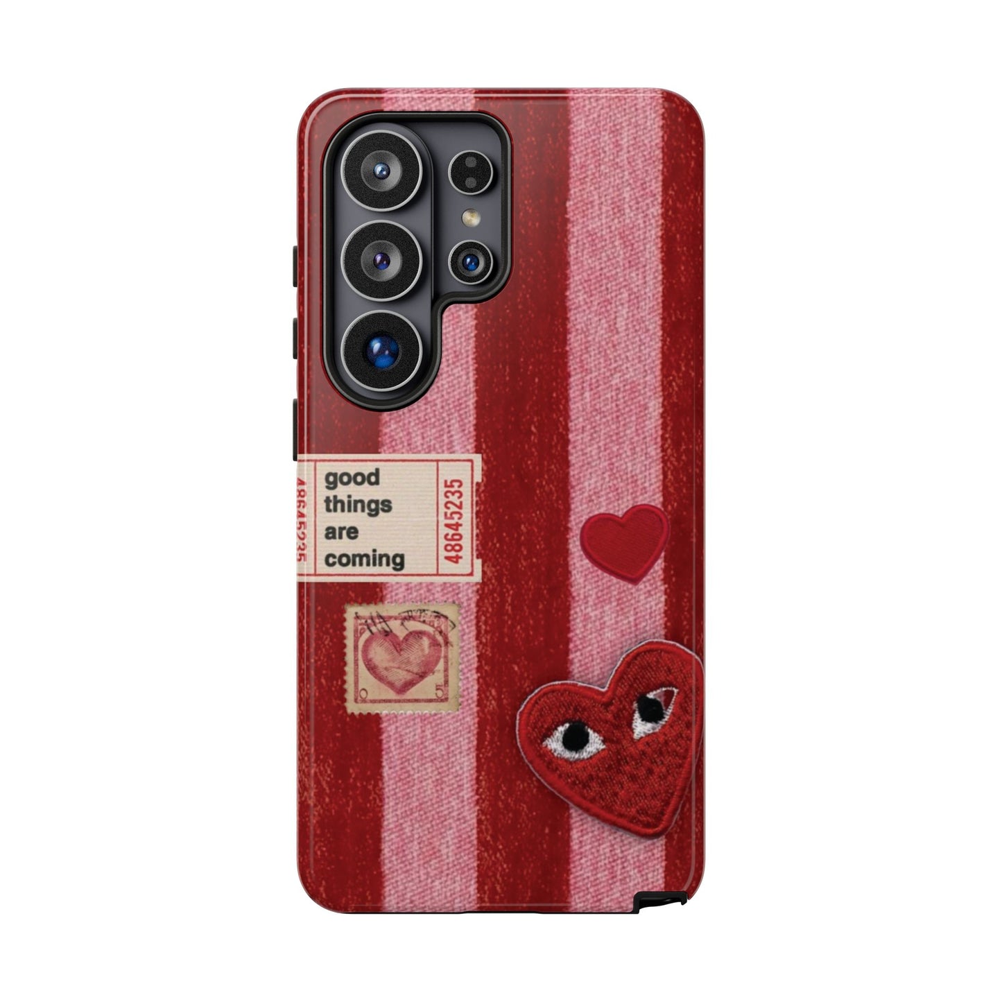 Phone Case — Red Striped Heart Design with “Good Things Are Coming”