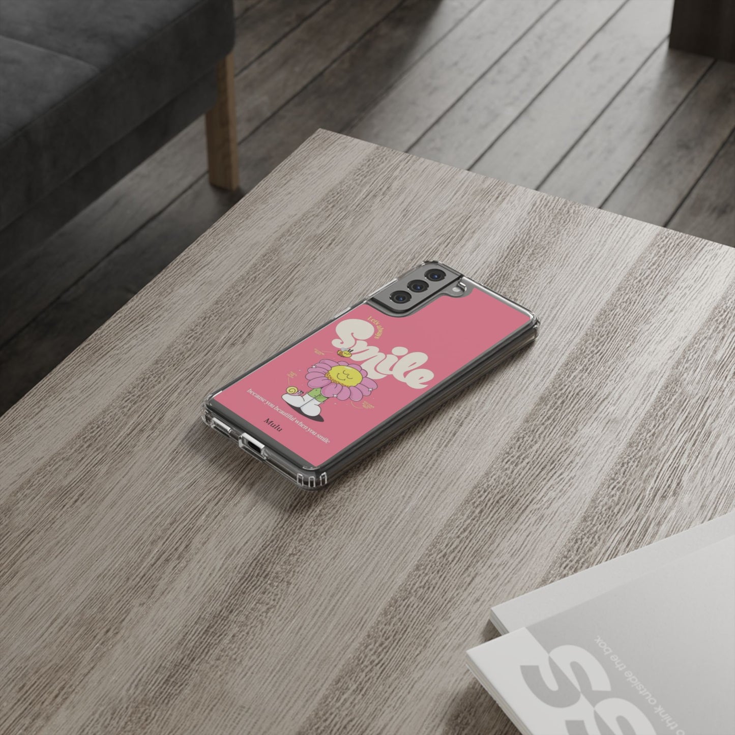 Clear Impact-Resistant Phone Case — Pink 'Smile' Flower Design