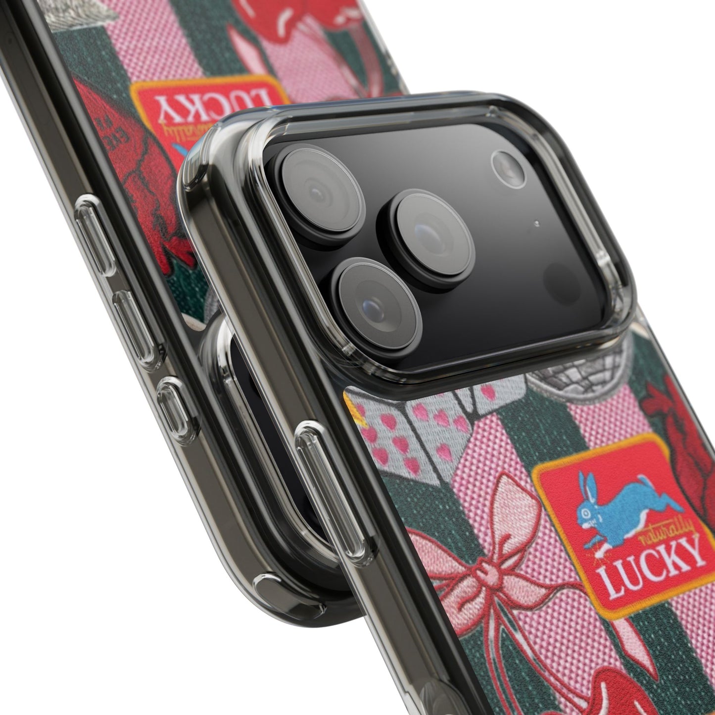 Clear Impact-Resistant Phone Case — Retro Patchwork Stickers (Lucky, Cherries, Silly Goose)