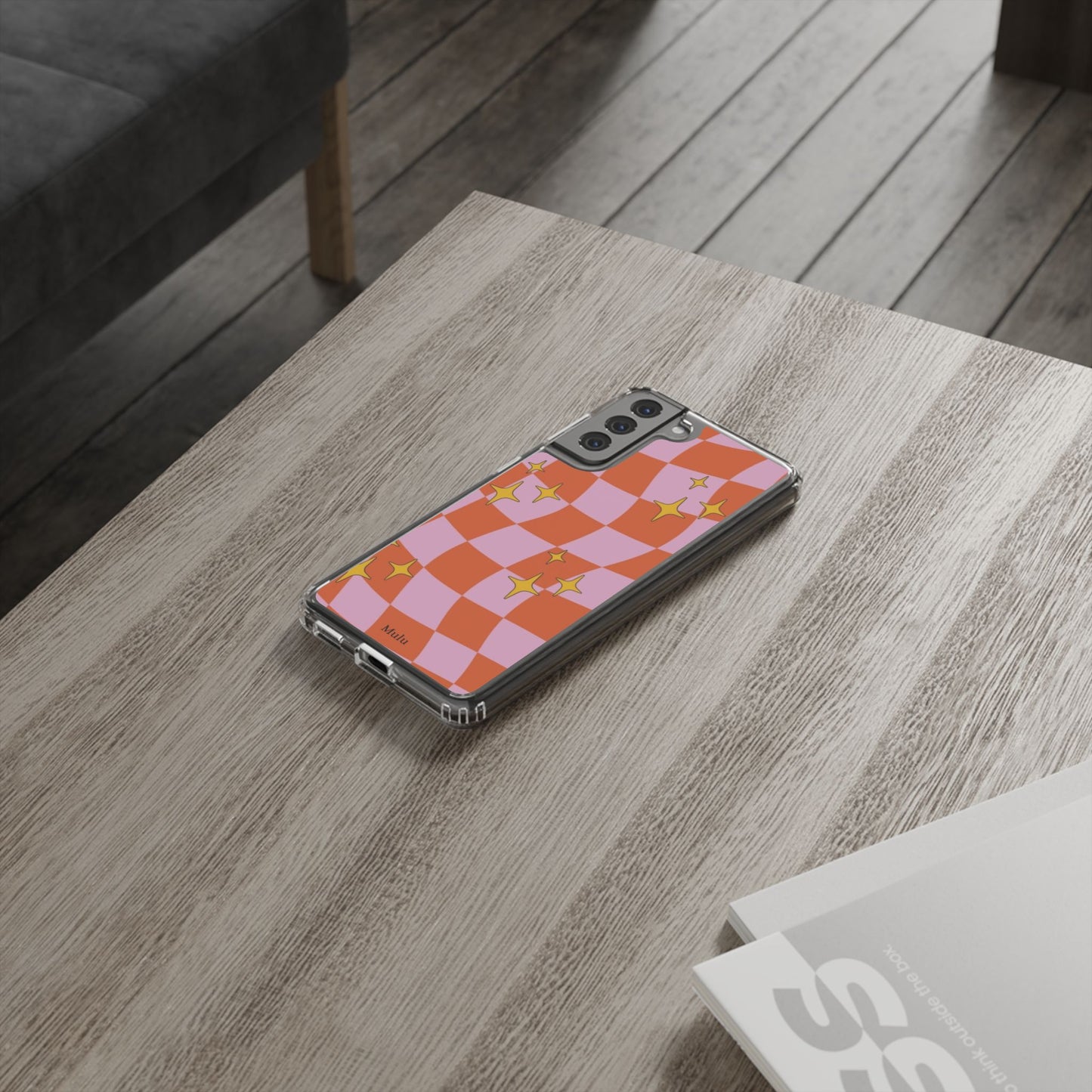 Clear Impact-Resistant Case — Retro Pink & Orange Checker with Sparkle Stars