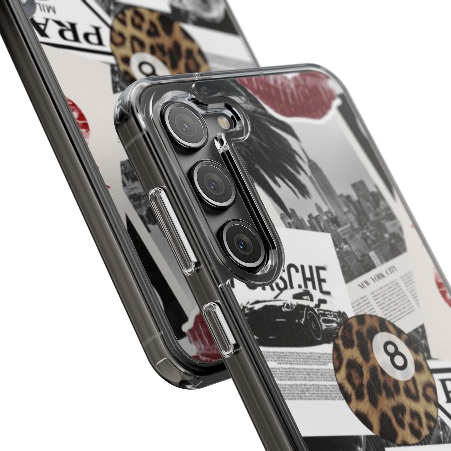 Clear Impact-Resistant Phone Case — Collage Luxury Leopard & Vintage Car Design