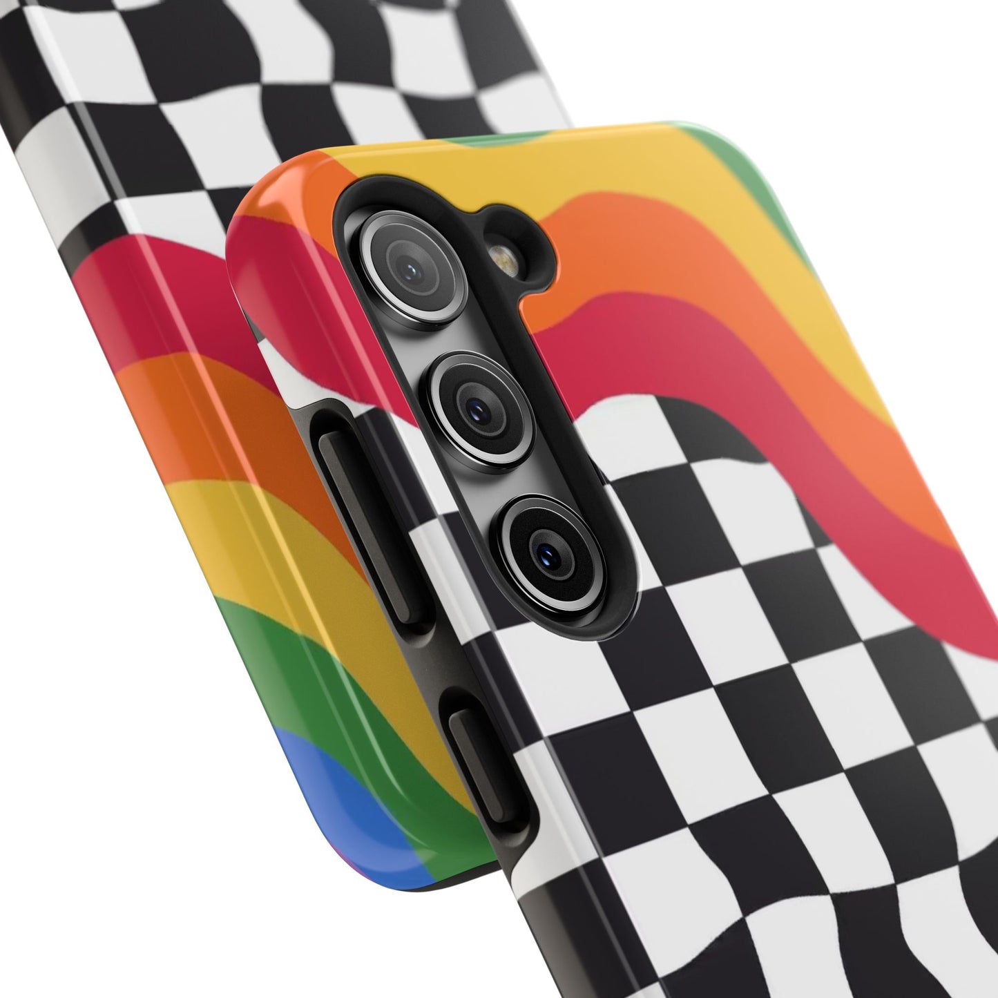 Retro Wavy Checkerboard Tough Phone Case — Rainbow Surf Skate Design