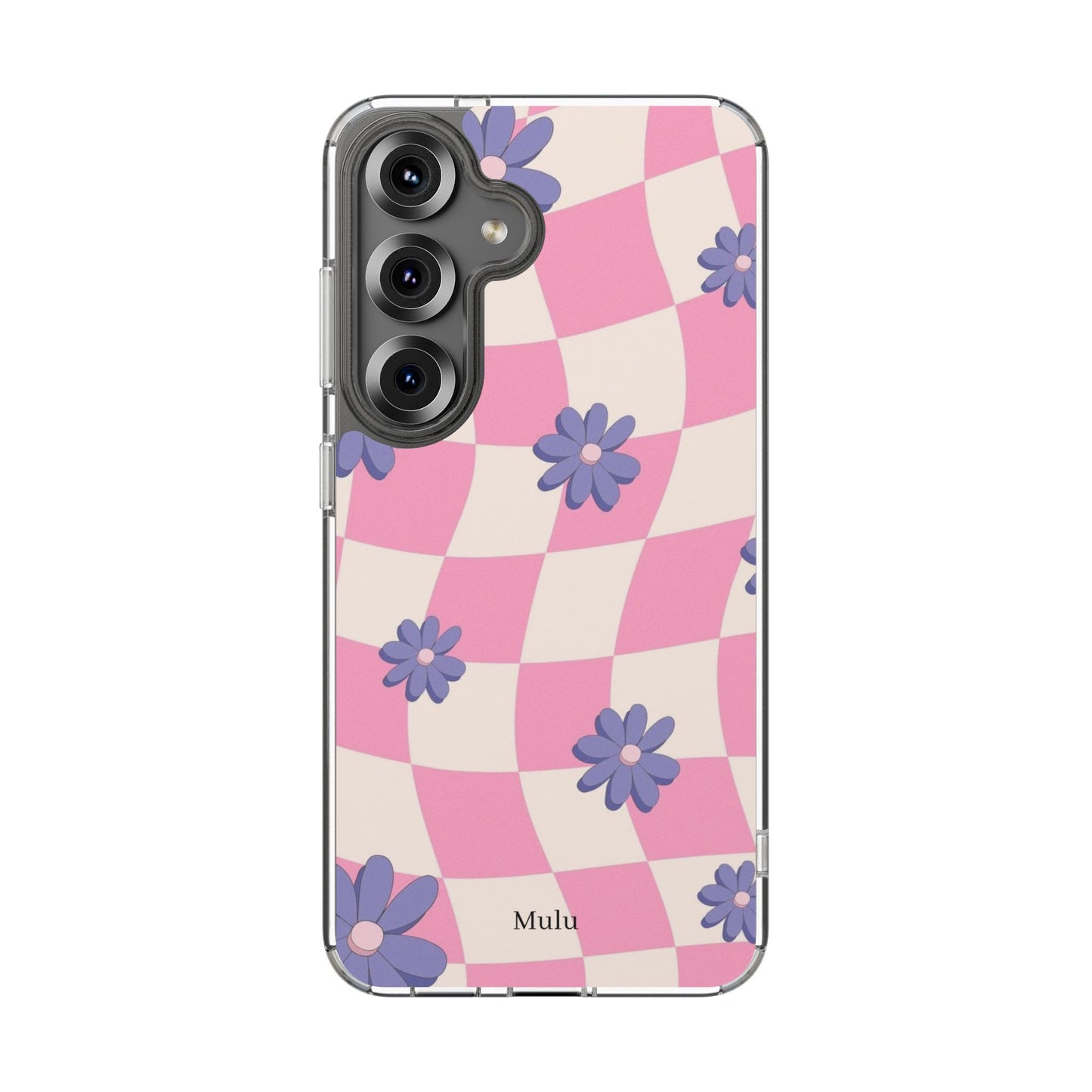 Clear Impact Phone Case — Pink Checkerboard with Purple Flowers