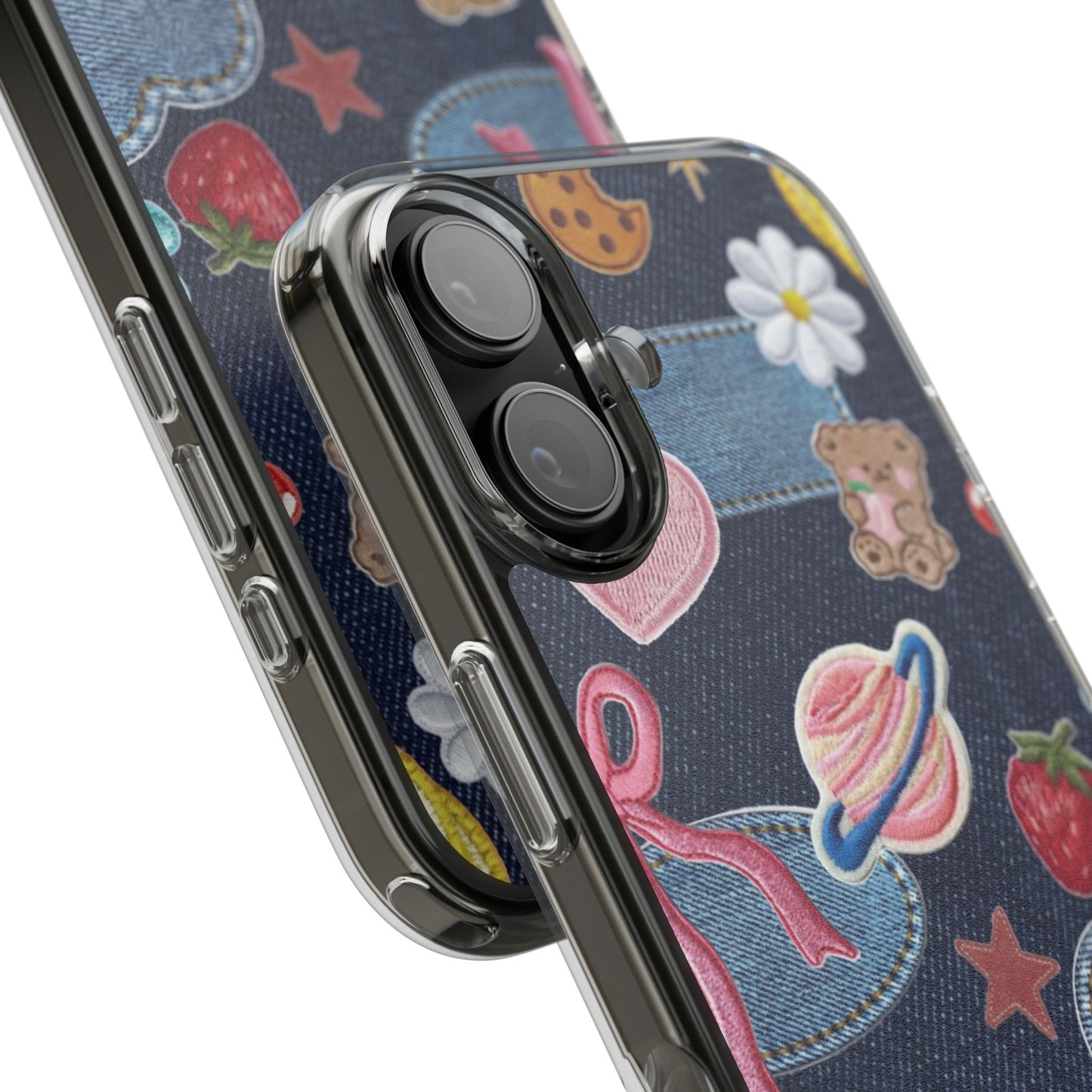 Clear Impact-Resistant Phone Case — Cute Denim Patch Collage (Teddy, Strawberry, Planet)