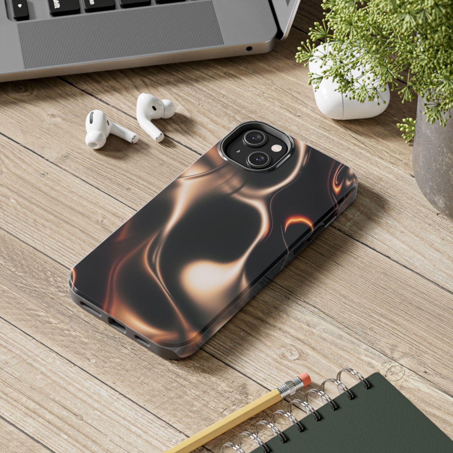 Abstract Liquid Glow Tough Phone Case — Black & Bronze Swirl Protective Cover