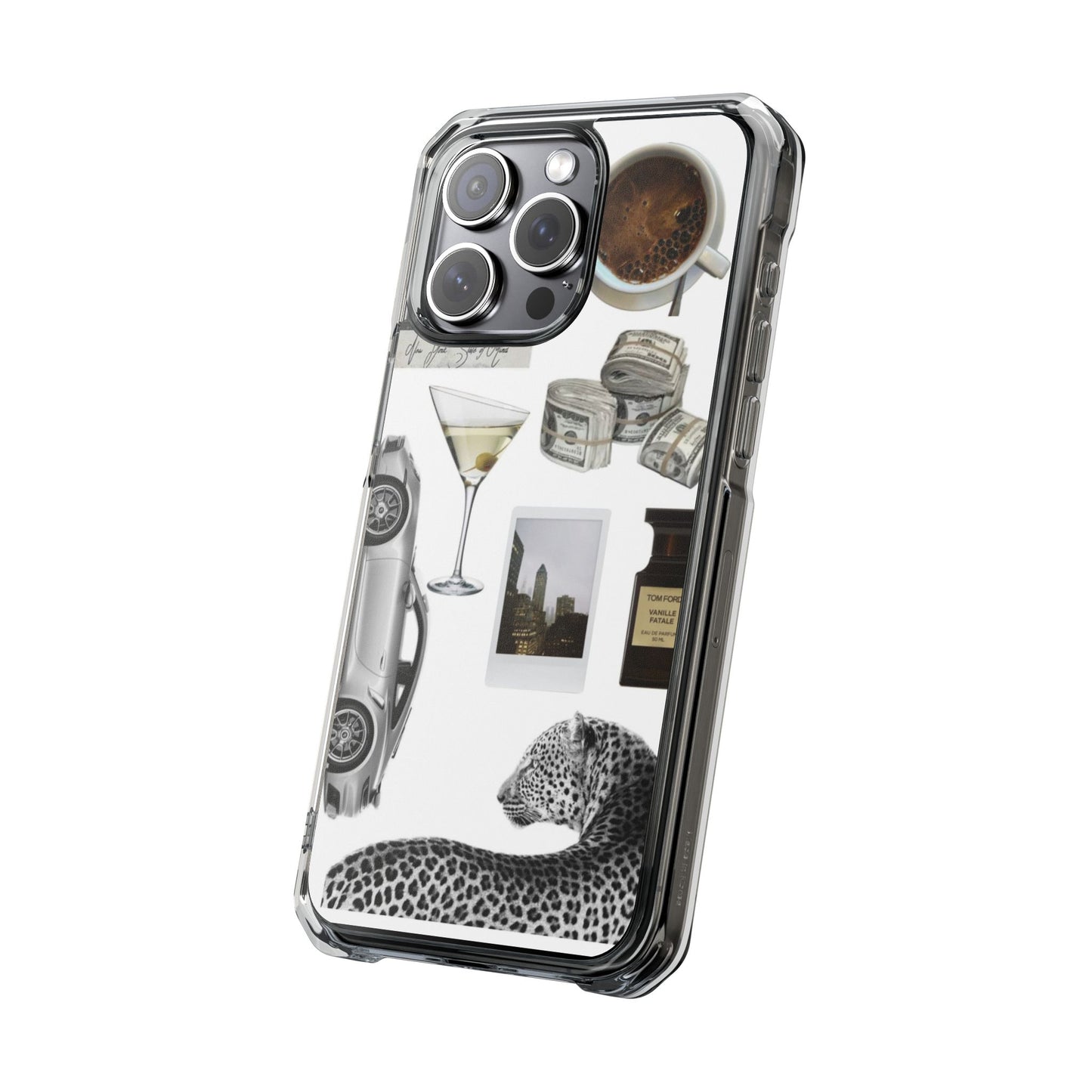 Clear Impact Phone Case — Luxe Collage (Leopard, Martini, Coffee & Vintage Car)