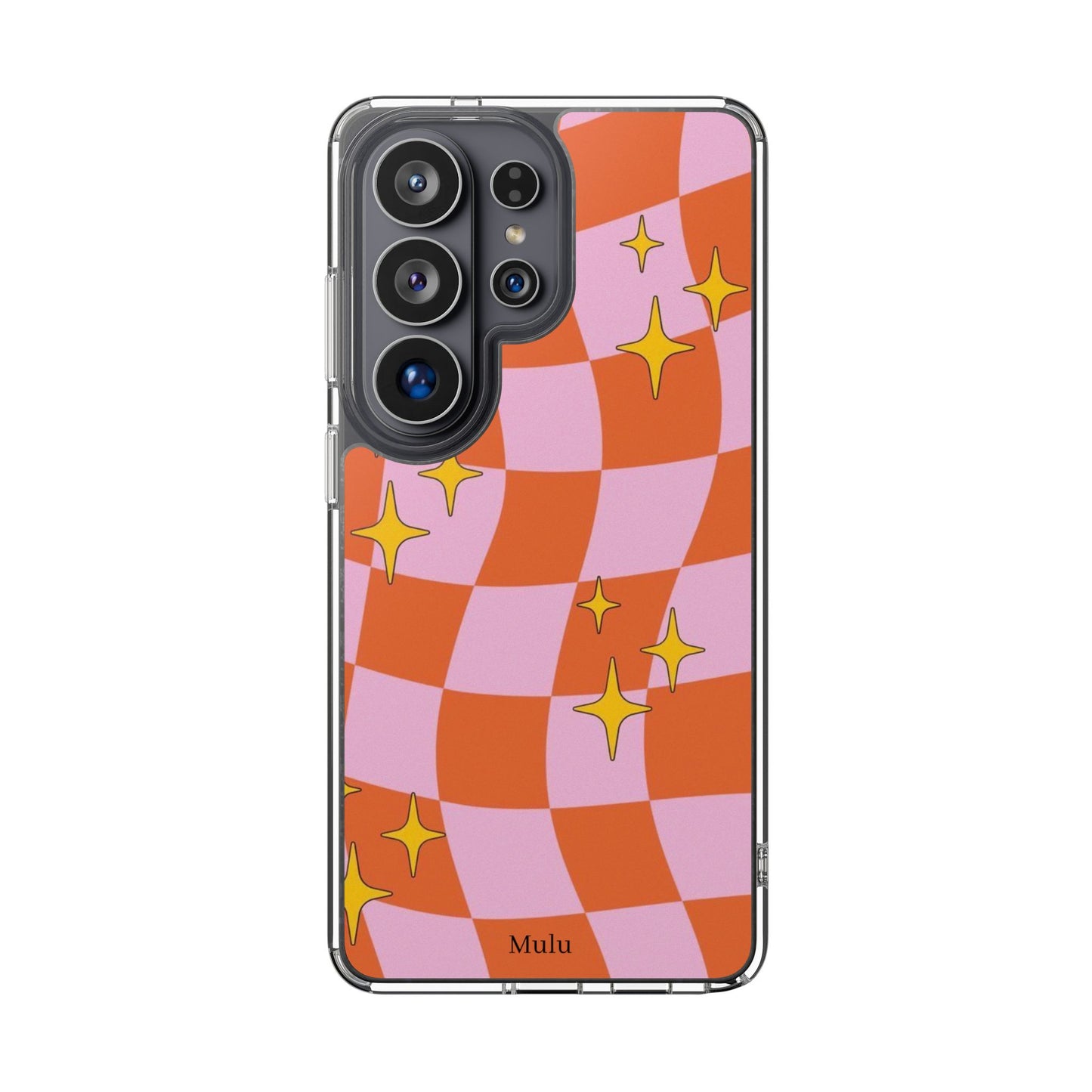 Clear Impact-Resistant Case — Retro Pink & Orange Checker with Sparkle Stars