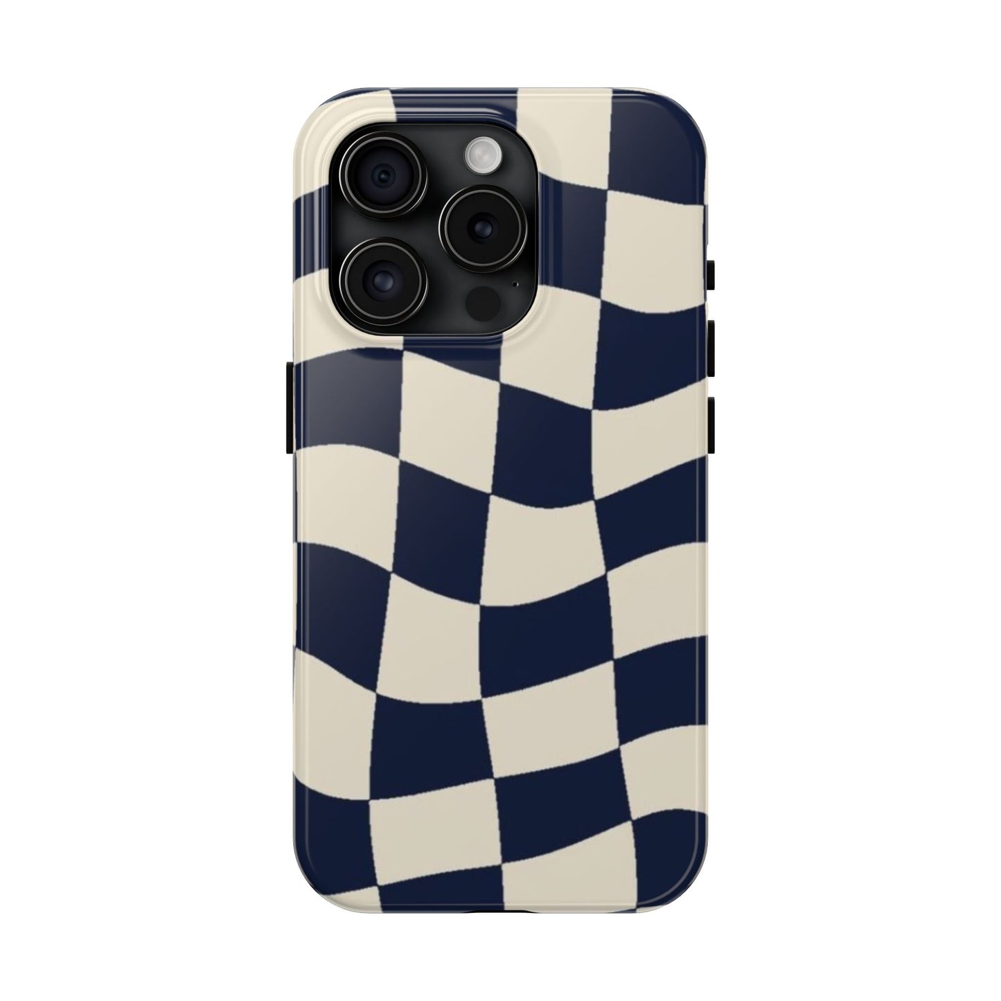 Wavy Checkerboard Tough Phone Case — Navy & Cream Protective Cover