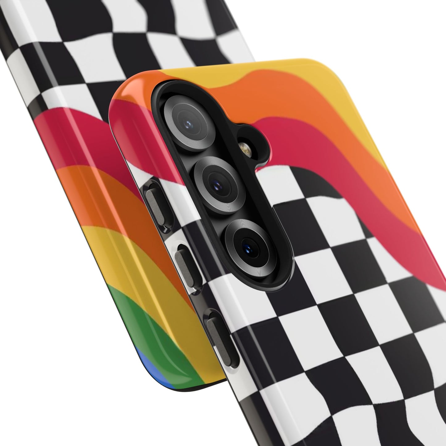 Retro Wavy Checkerboard Tough Phone Case — Rainbow Surf Skate Design