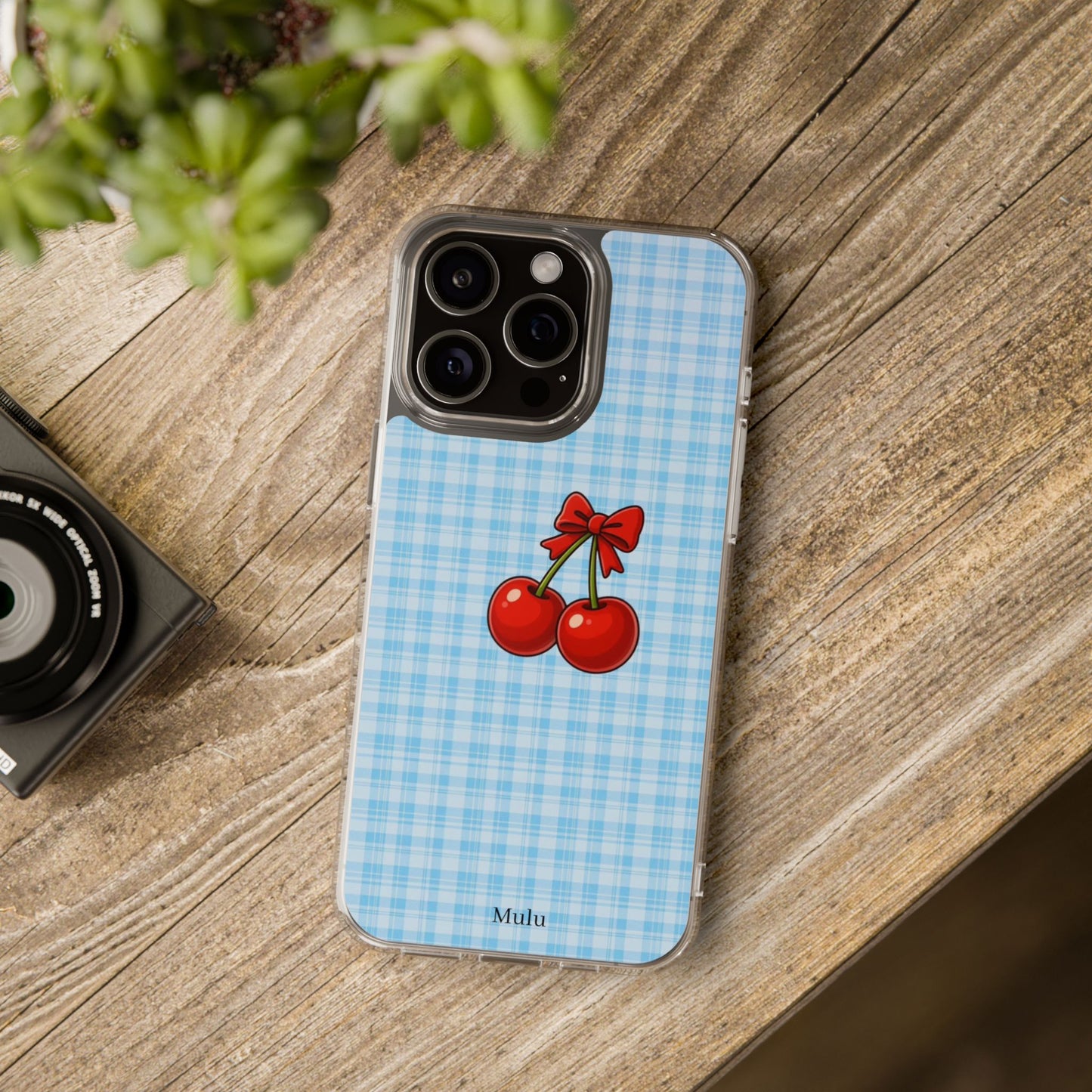 Clear Cherry Gingham Phone Case — Impact-Resistant Clear Case with Red Cherry Design