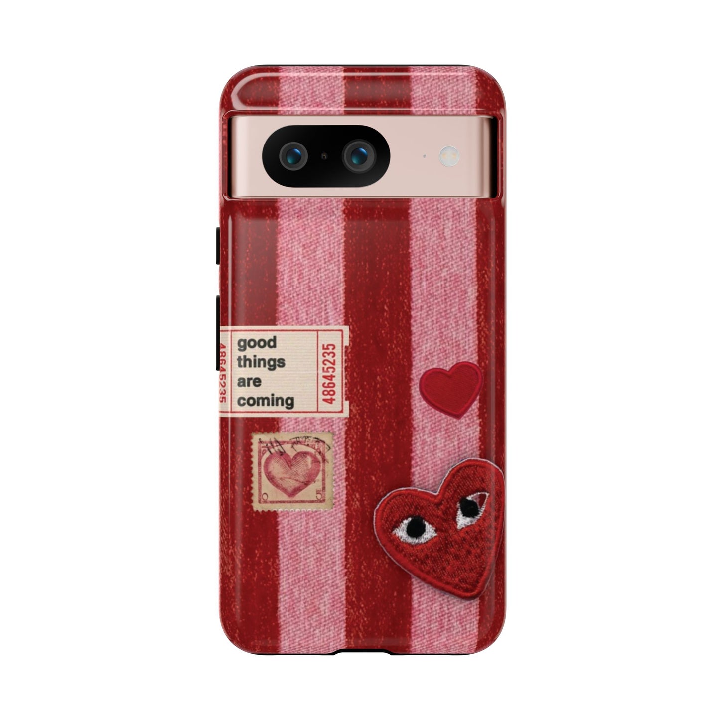 Phone Case — Red Striped Heart Design with “Good Things Are Coming”