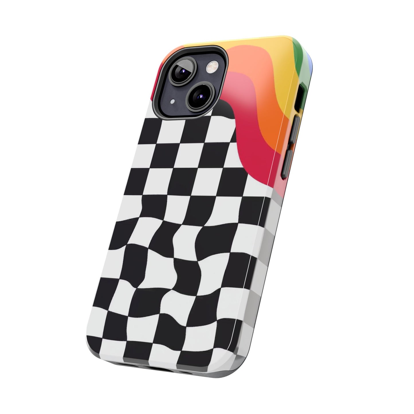 Retro Wavy Checkerboard Tough Phone Case — Rainbow Surf Skate Design