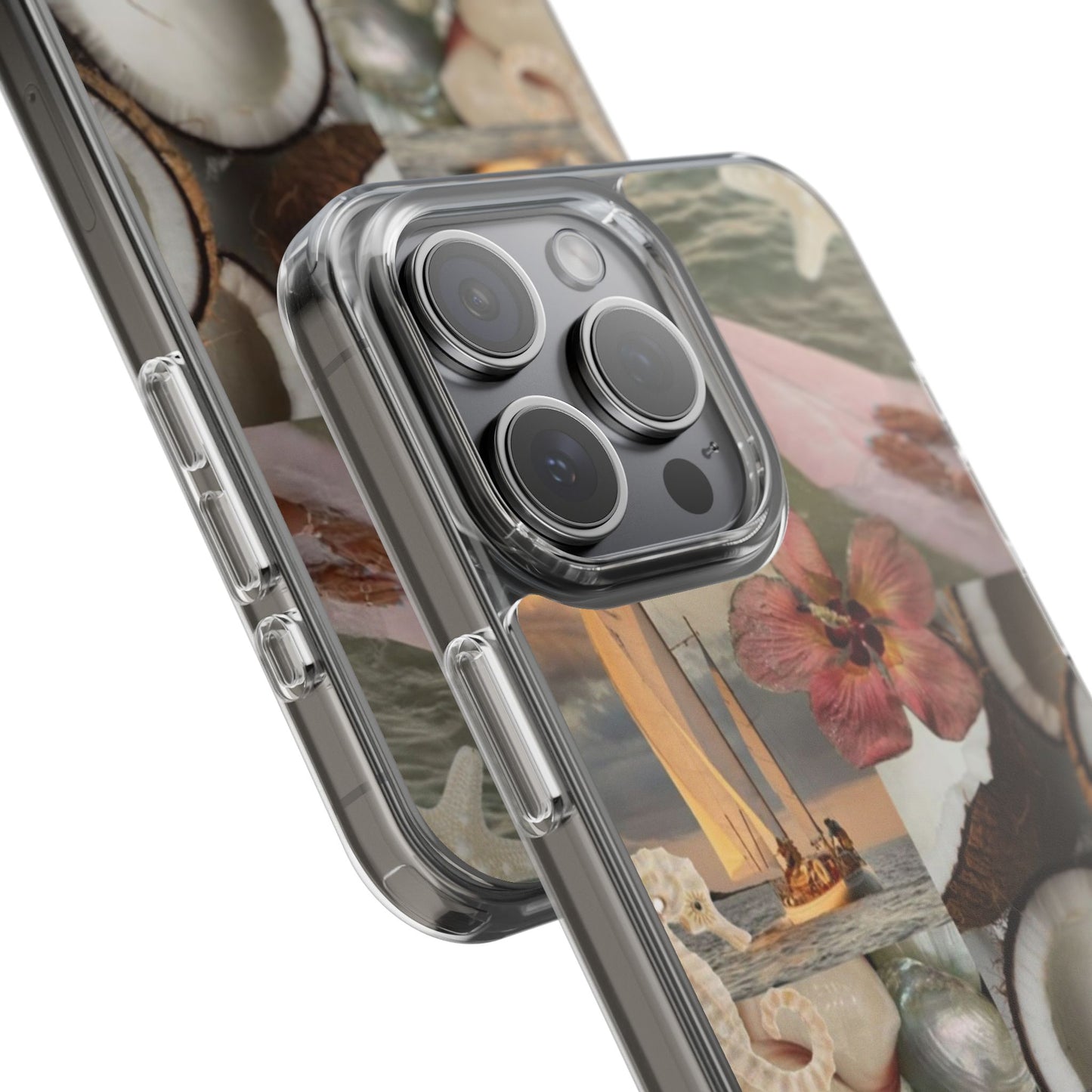 Clear Phone Case — Coastal Collage Shells & Surf Design
