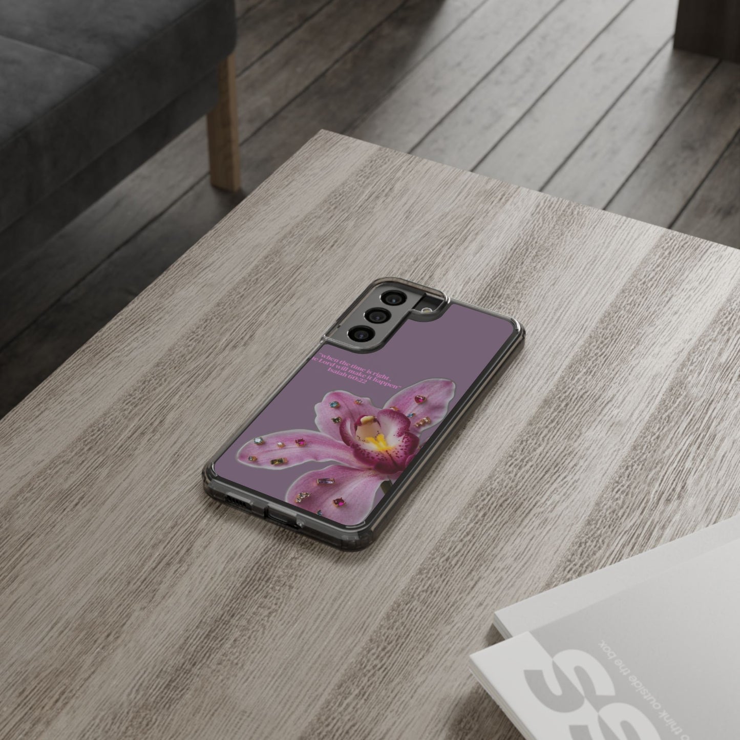 Clear Floral Impact-Resistant Phone Case — "When the time is right" Rose Orchid Design