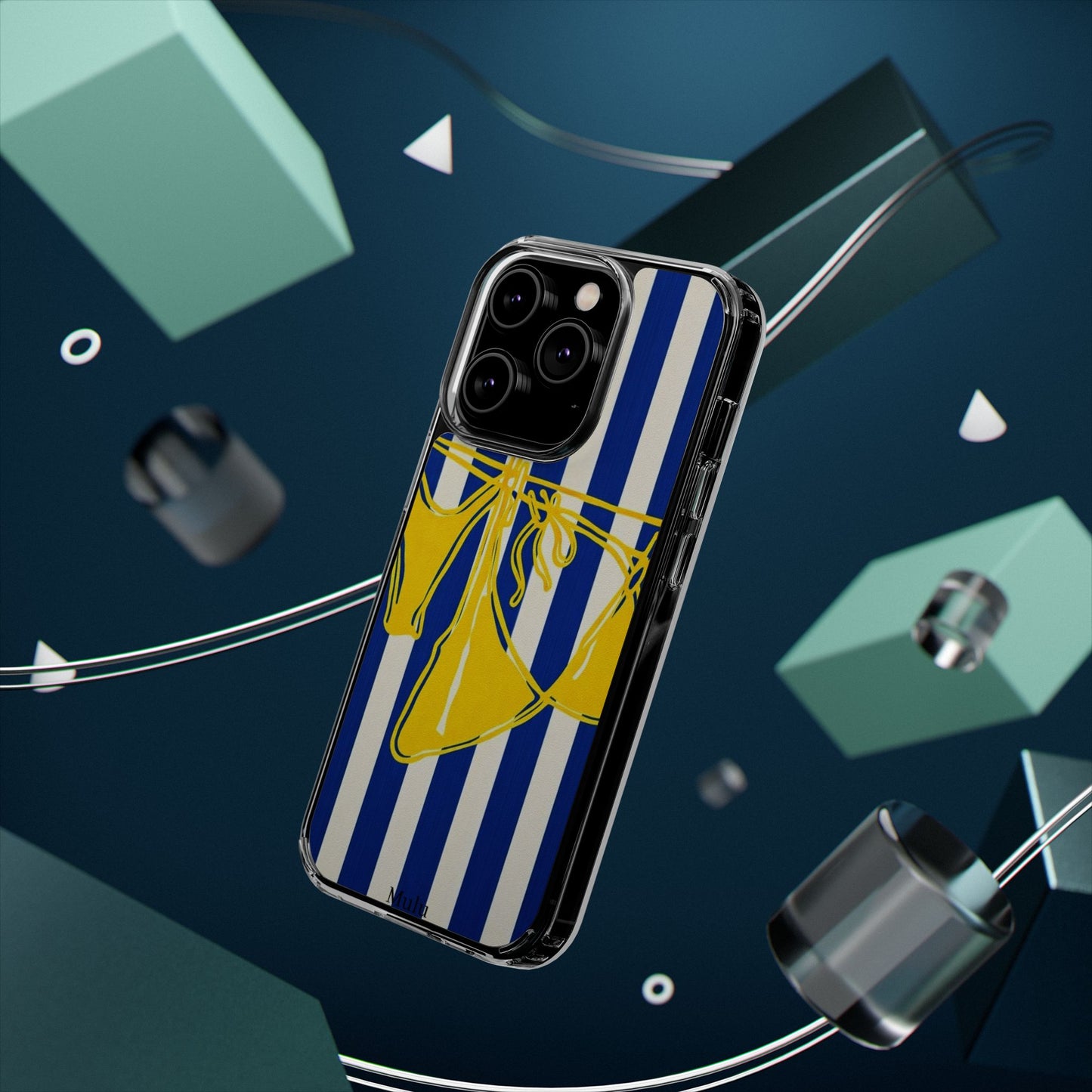 Striped Beach Bikini Phone Case — Yellow Swimwear on Blue & White Stripes, Clear Impact-Resistant