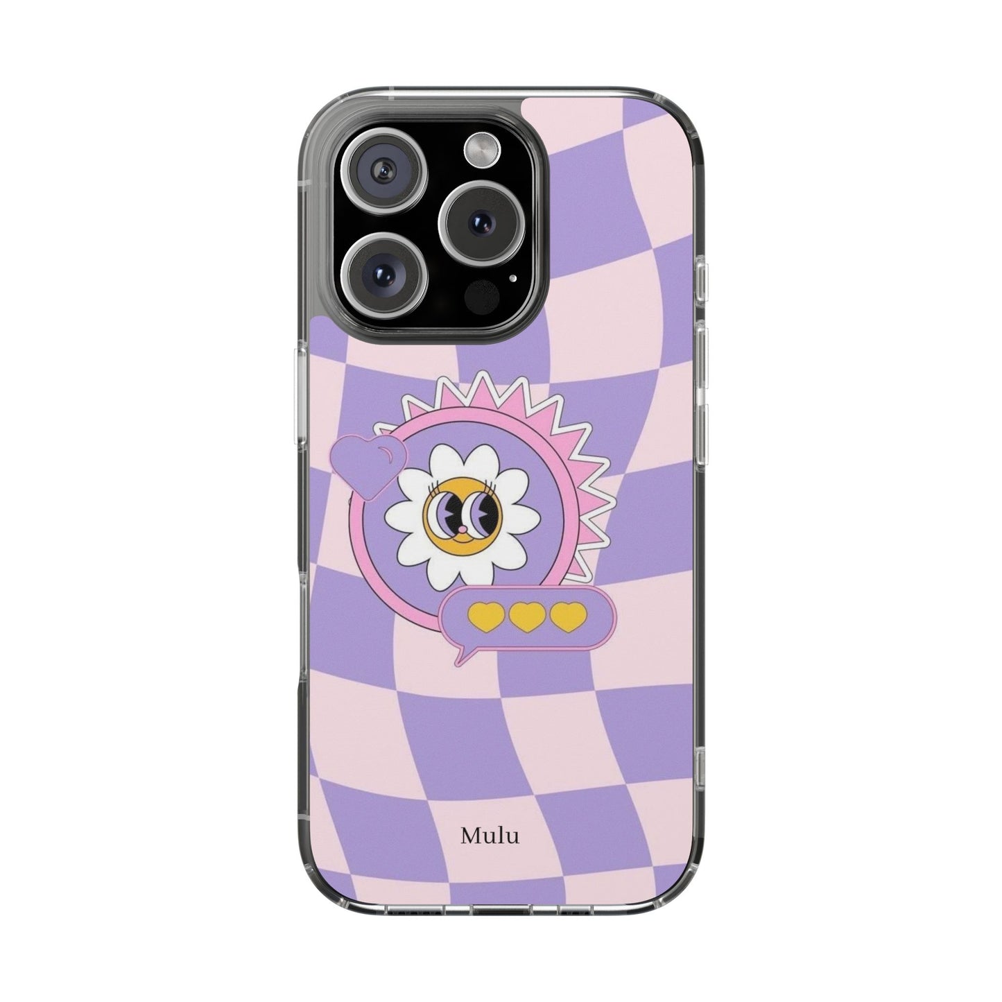 Clear Impact-Resistant Case — Cute Purple Checkerboard Dino with 'Mulu'