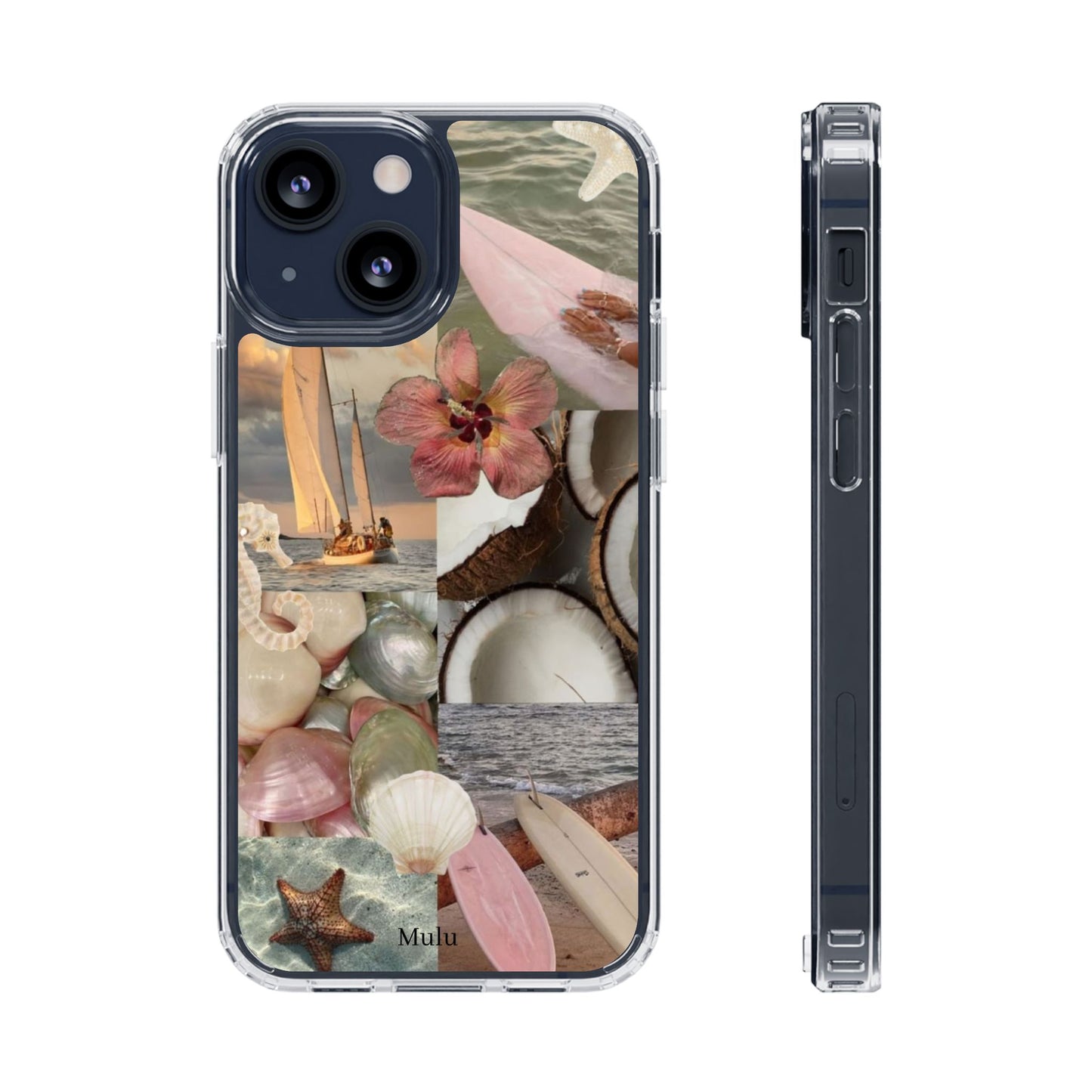 Clear Phone Case — Coastal Collage Shells & Surf Design