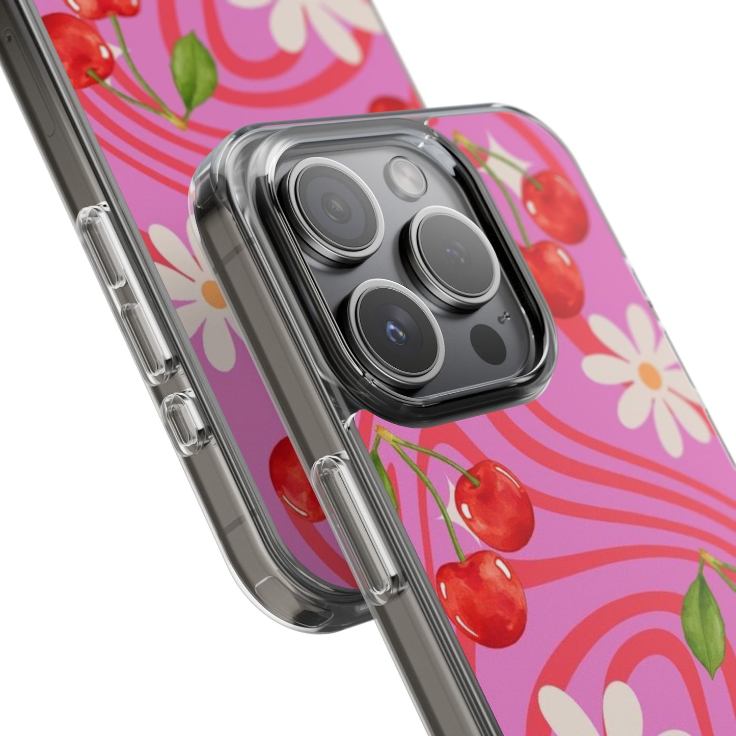 Clear Impact Phone Case — Retro Cherry & Daisy Floral Design