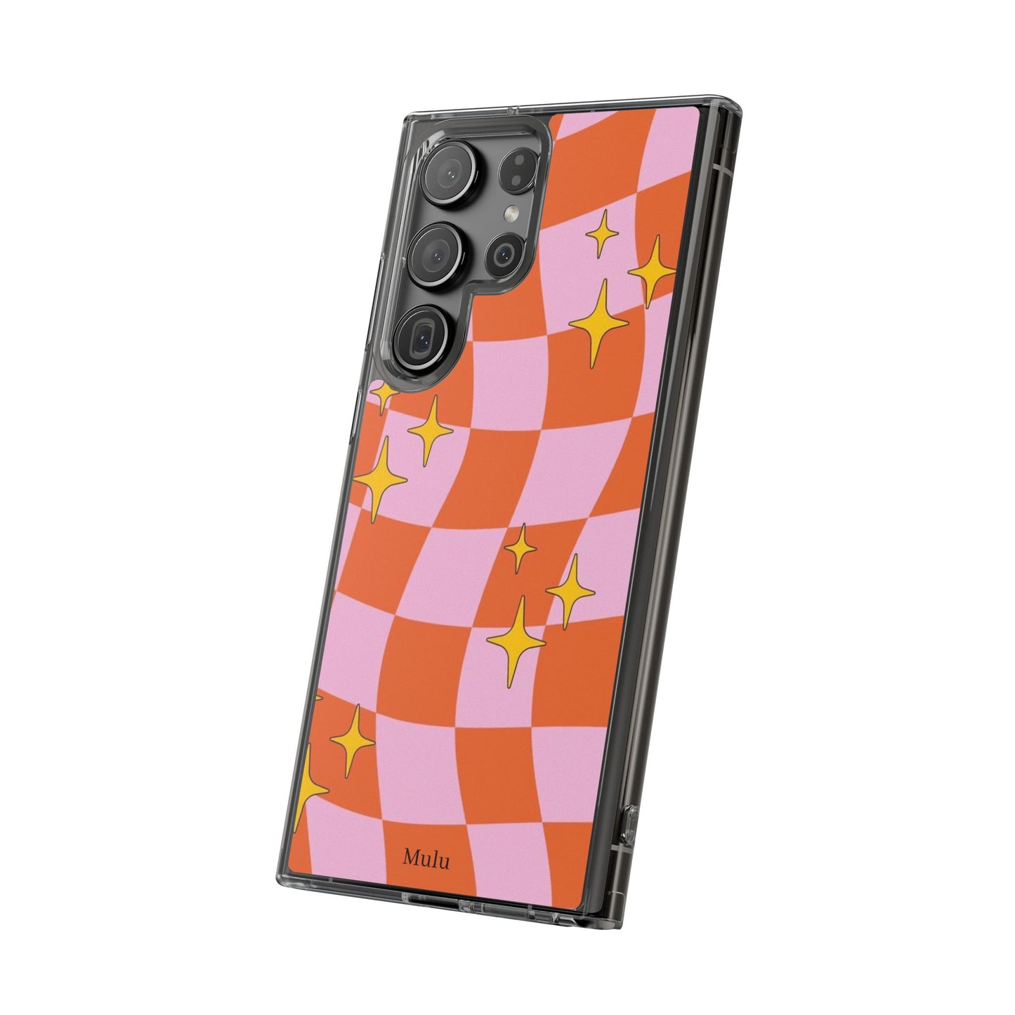 Clear Impact-Resistant Case — Retro Pink & Orange Checker with Sparkle Stars